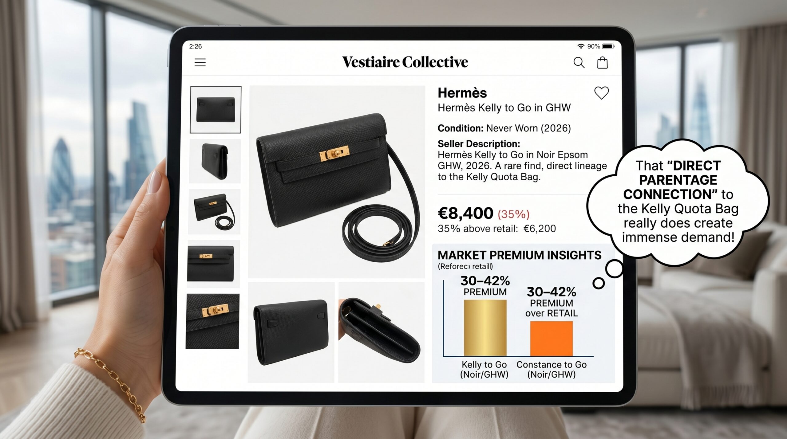 Hermès Kelly to Go Noir Epsom GHW showing 30-42 percent above retail premium on Vestiaire Collective 2026
