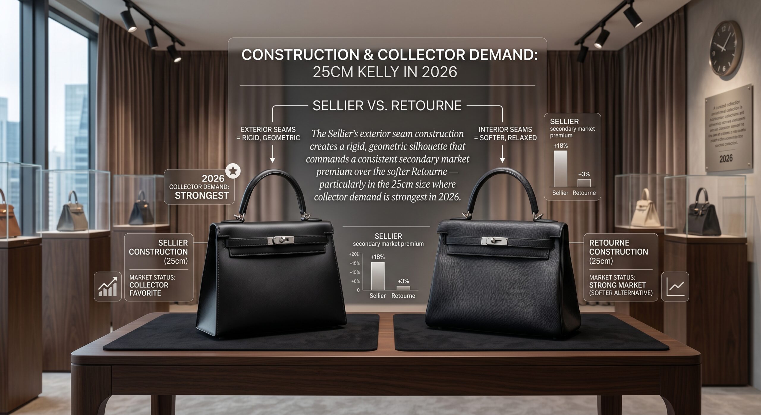 Hermès Kelly Sellier versus Retourne construction comparison showing shape retention and resale price delta 2026