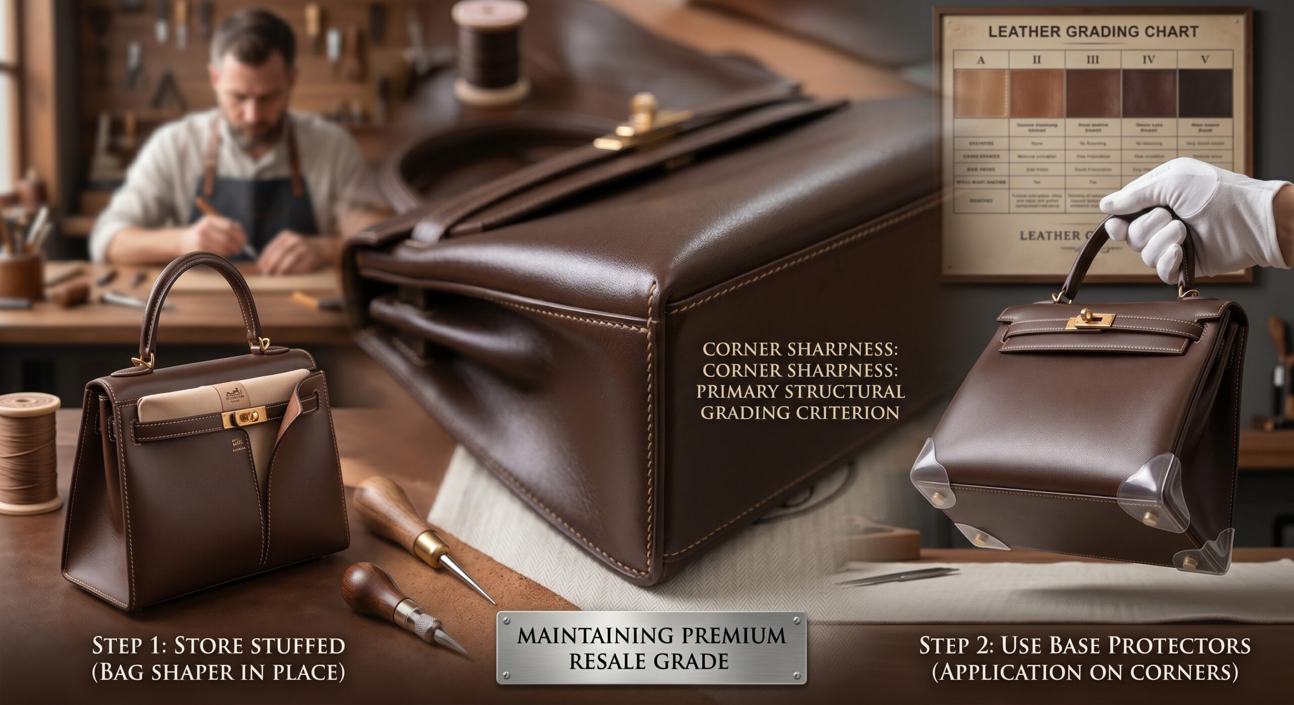 Hermès Kelly Sellier base corner detail showing storage and condition preservation technique for resale