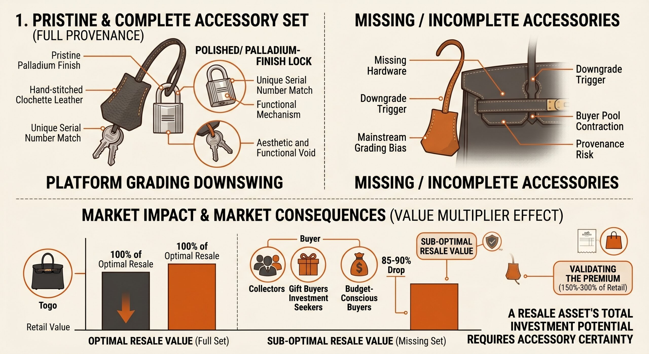 Hermès Birkin clochette lock and key set showing completeness requirement for Fashionphile and The Real Real grading