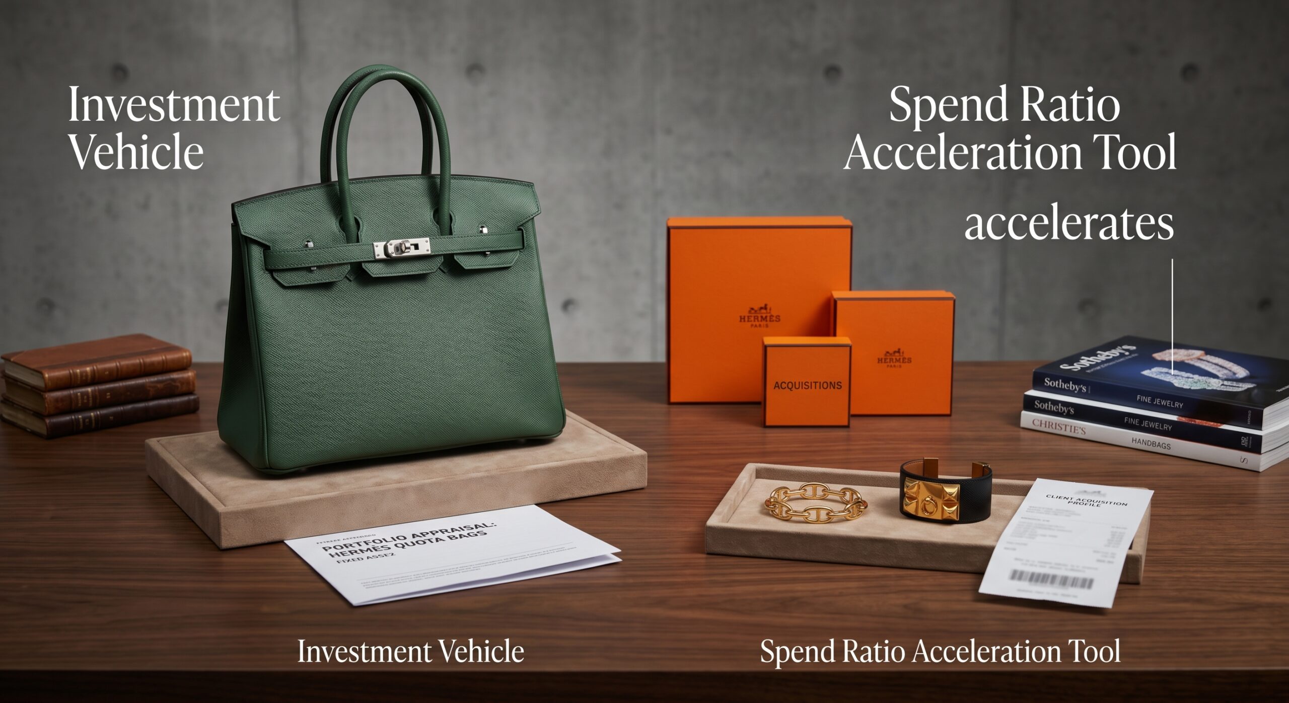 Hermès portfolio strategy showing quota bag as primary investment vehicle alongside jewelry as spend ratio tool