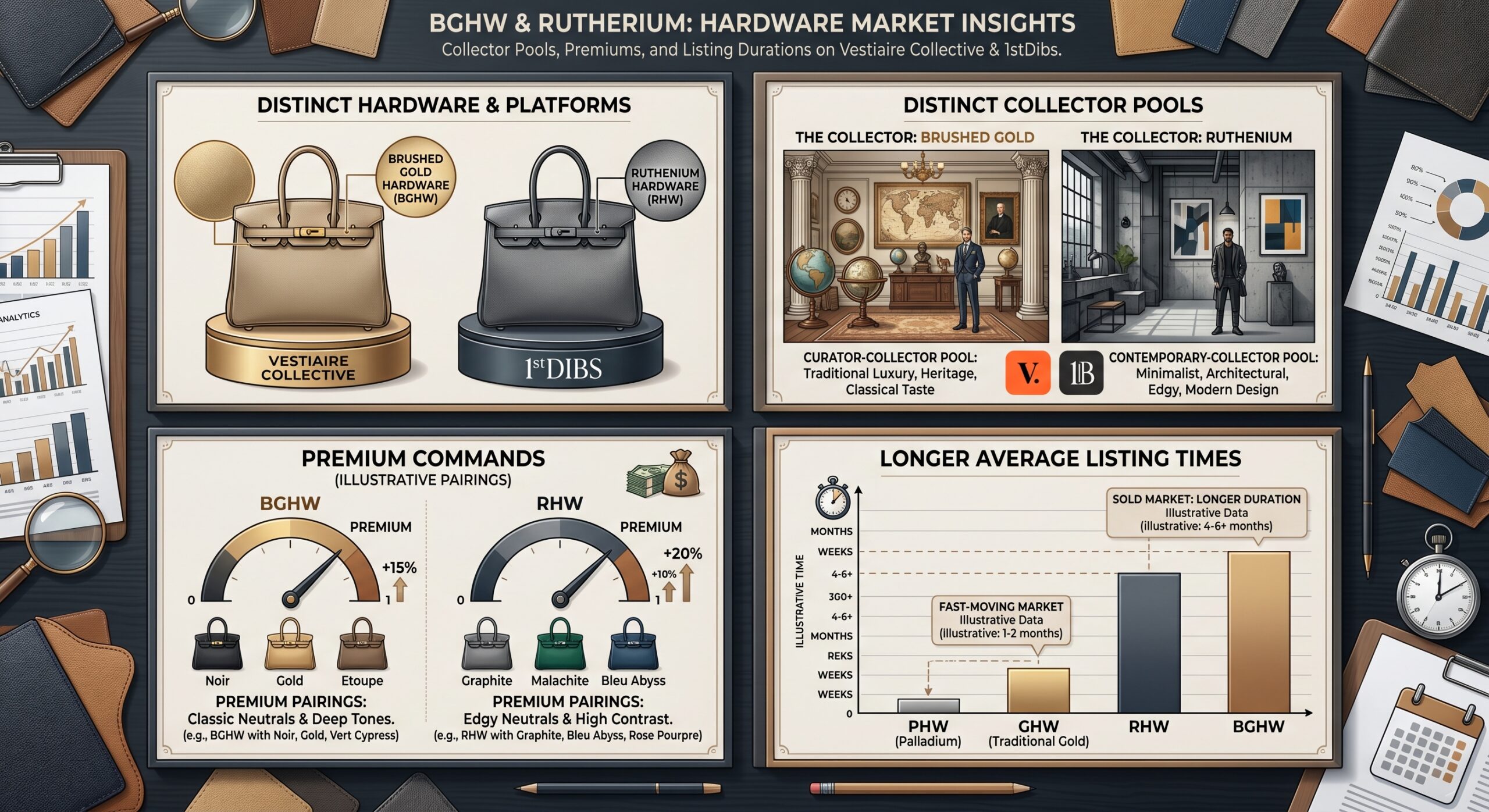 Hermès brushed gold hardware BGHW and ruthenium hardware showing secondary market collector positioning
