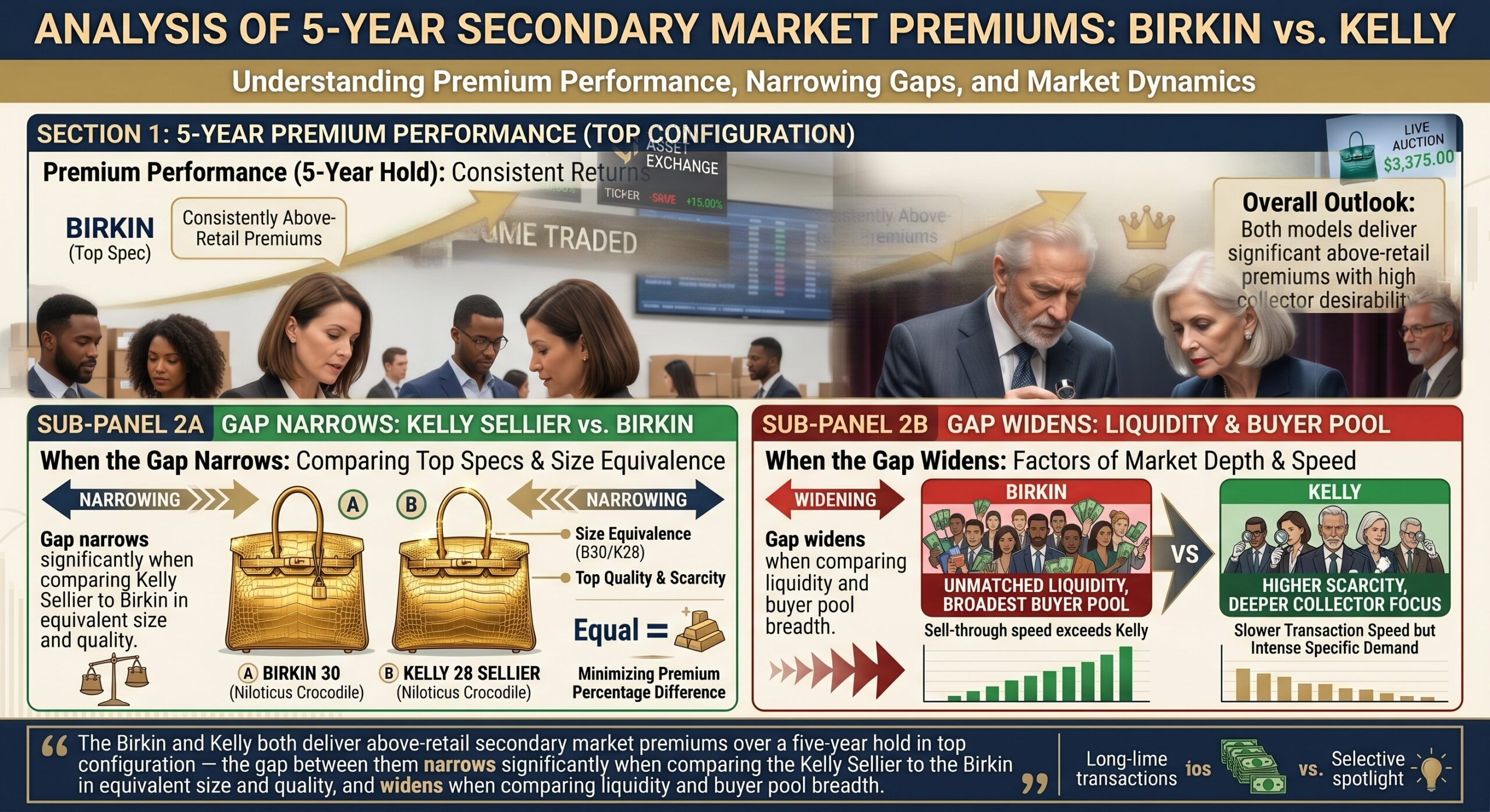 Hermès Birkin and Kelly side by side showing five-year value retention comparison on secondary market platforms