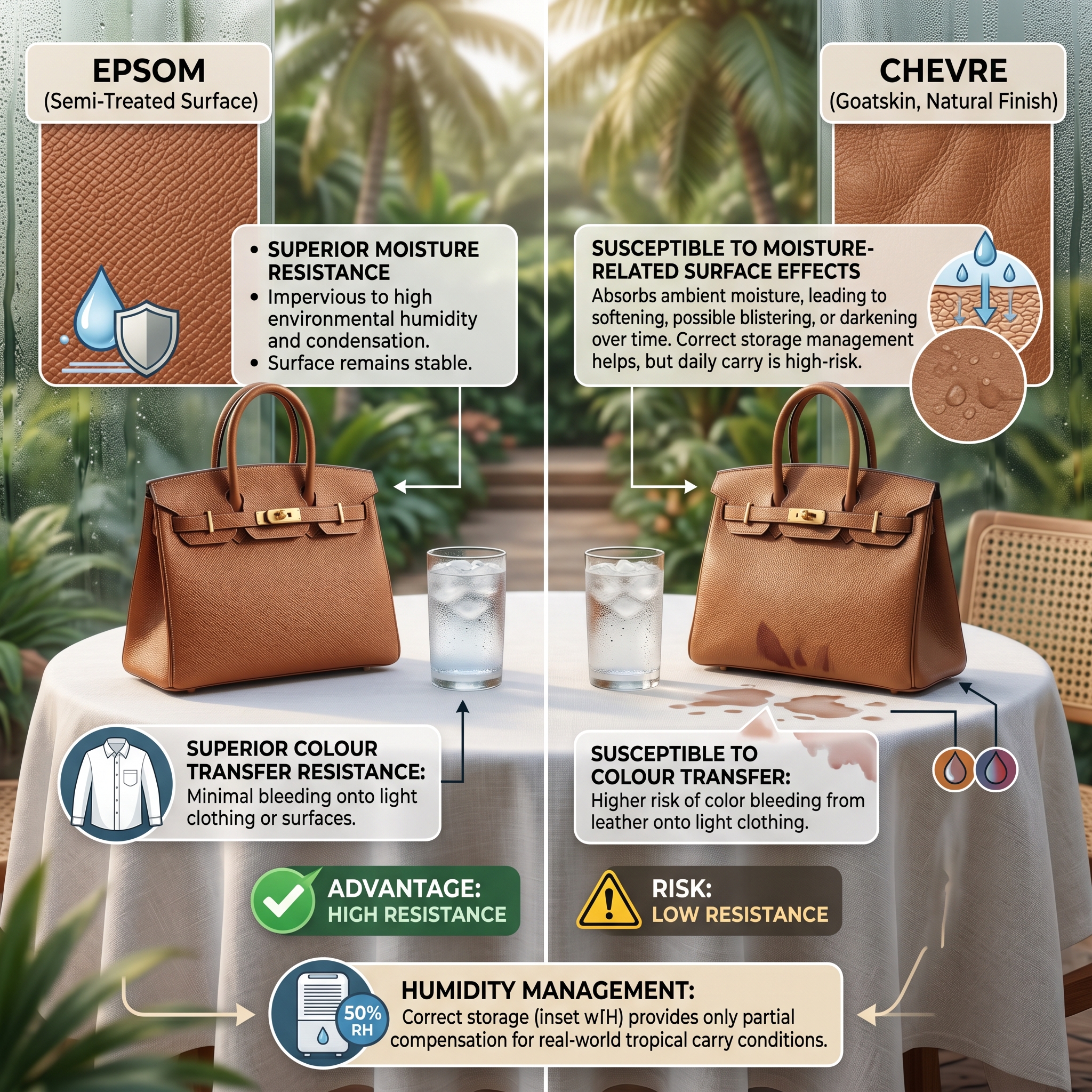 Hermès Epsom leather surface showing moisture resistance advantage in humid climate daily carry versus Chevre natural finish