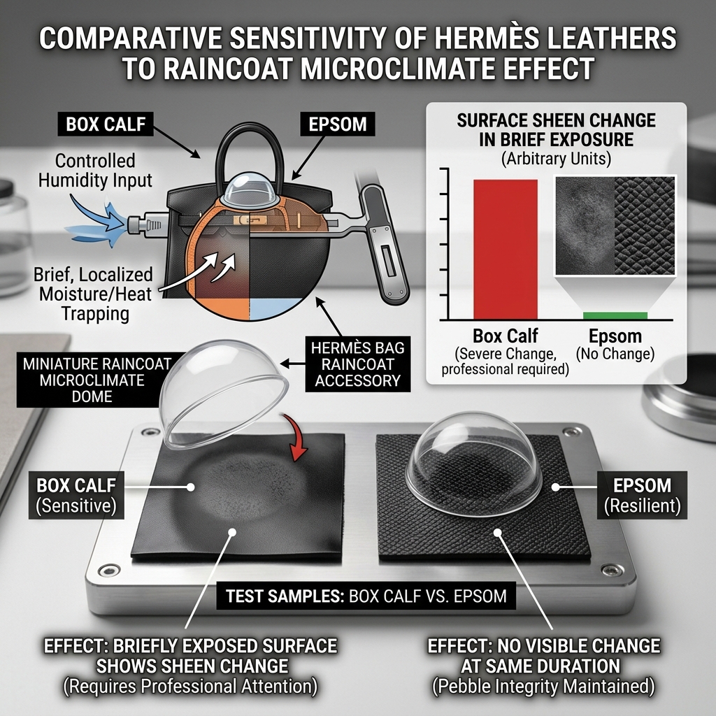 Hermès Box Calf leather surface after extended raincoat use showing surface bloom effect compared to Epsom resistance