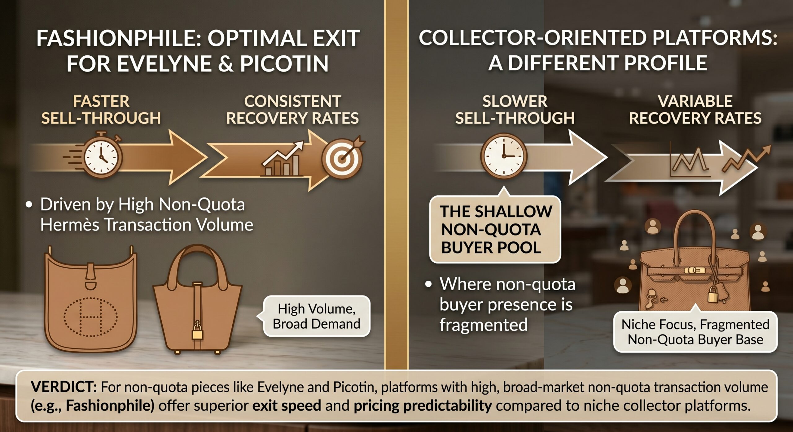 Hermès Evelyne PM and Picotin 18 spend ratio exit strategy showing Fashionphile listing timing and condition grade maintenance