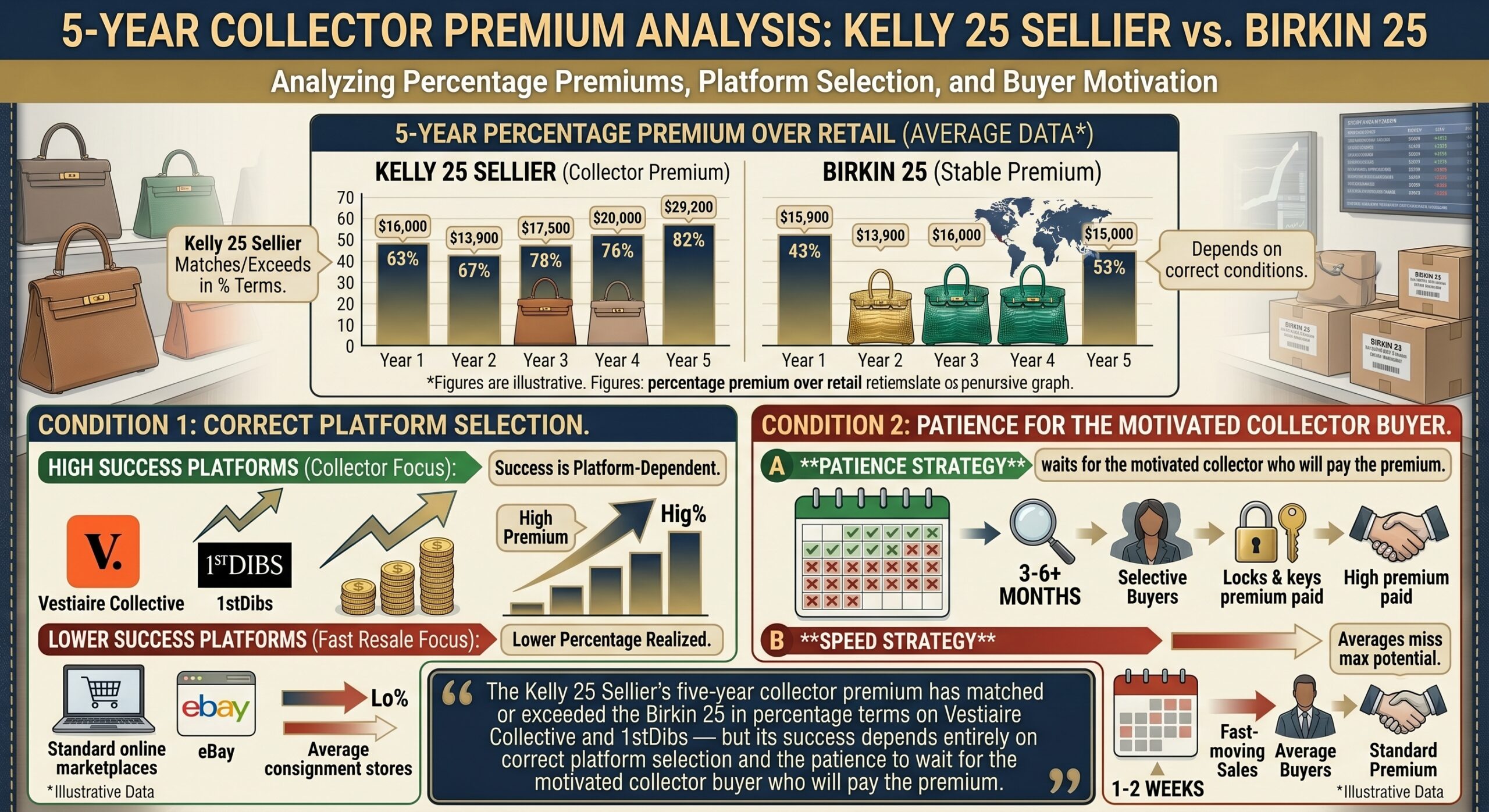 Hermès Kelly 25 Sellier showing collector-tier five-year premium performance on Vestiaire Collective and 1stDibs