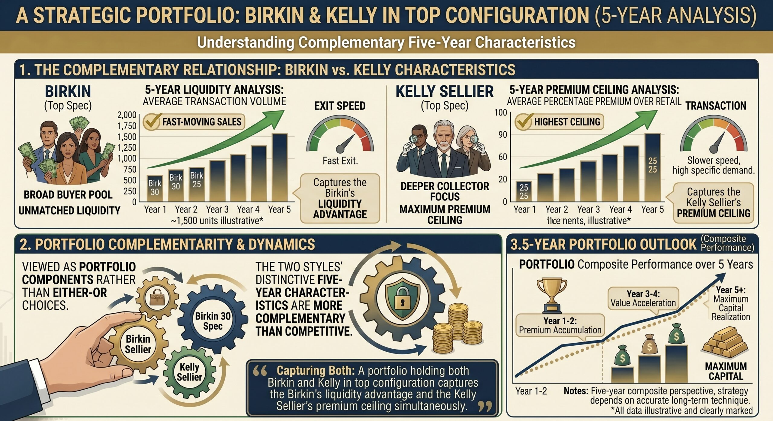 Hermès Birkin and Kelly portfolio showing complementary five-year investment positions for quota bag holders