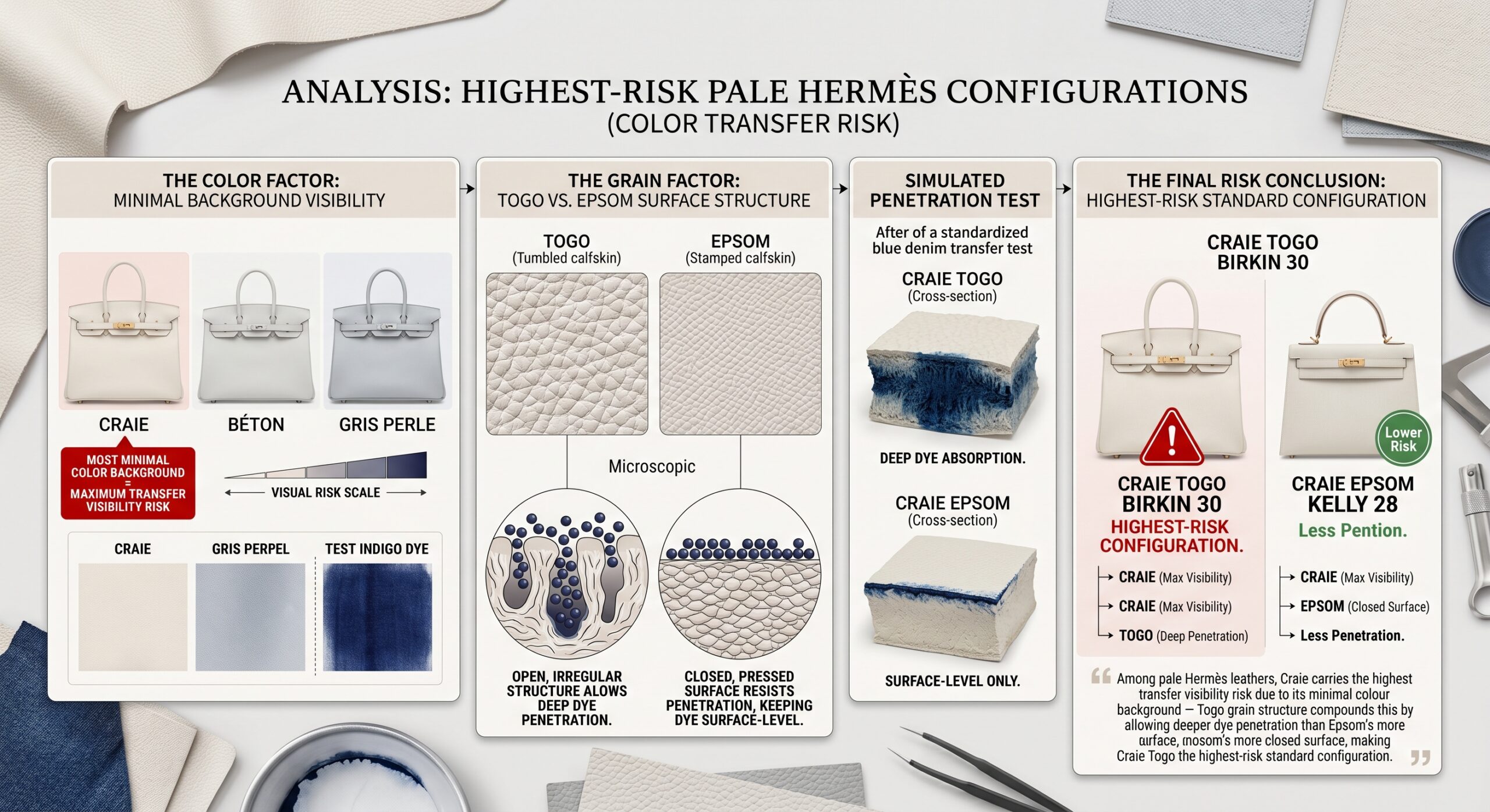 Hermès Craie and Gold leather colour vulnerability comparison showing Togo and Epsom grain structure transfer depth difference