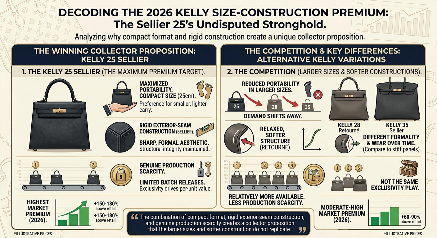 Hermès Kelly 25 Sellier showing collector premium demand and size hierarchy advantage in 2026 secondary market