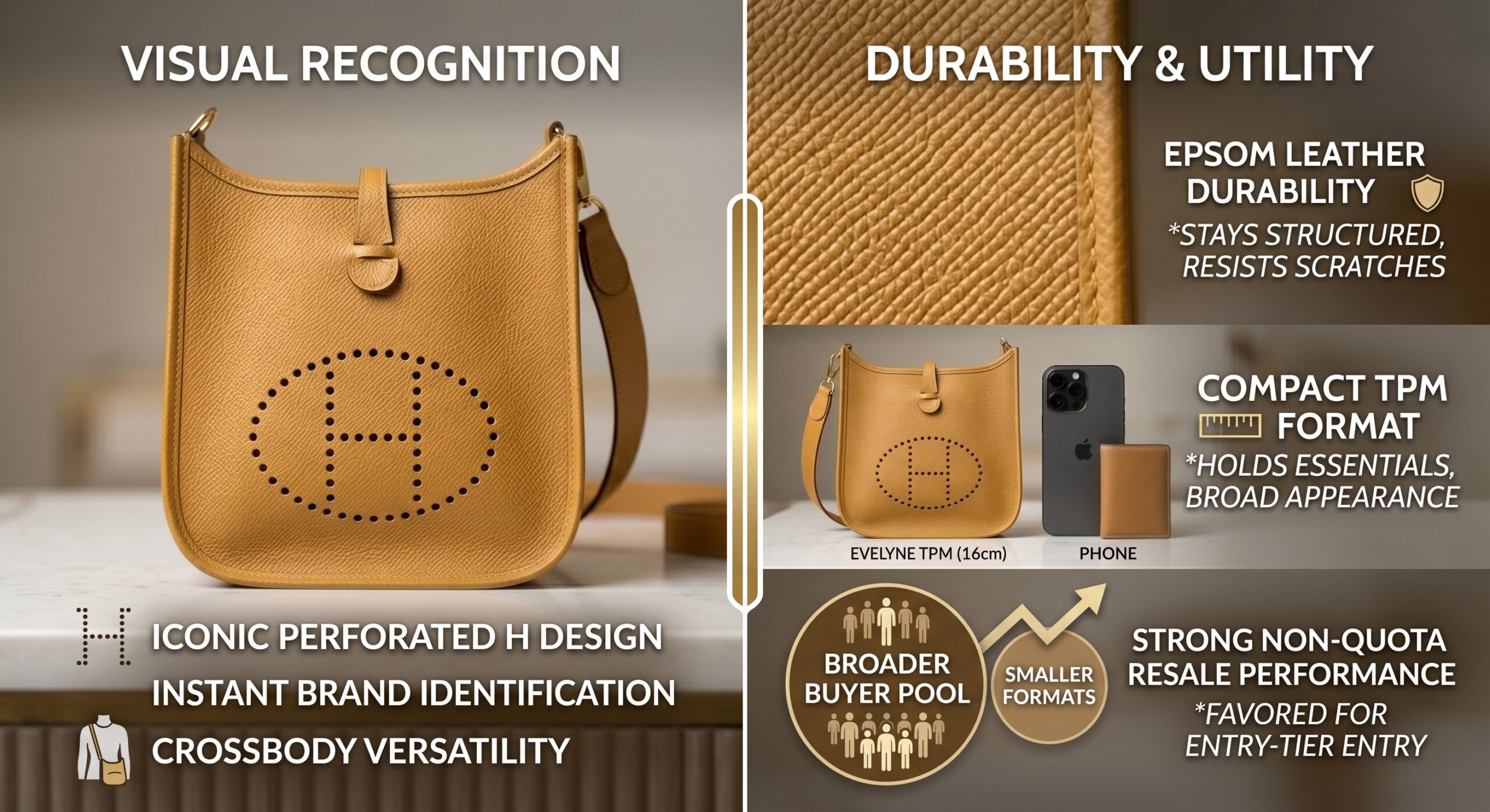 Hermès Evelyne TPM Epsom showing highest resale recovery and SA signal quality in non-quota bag tier