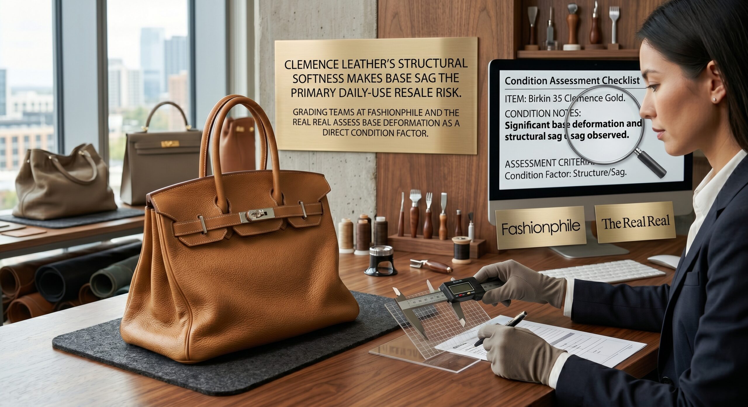 Hermès Clemence leather showing base sag condition issue affecting resale grade on secondary platforms