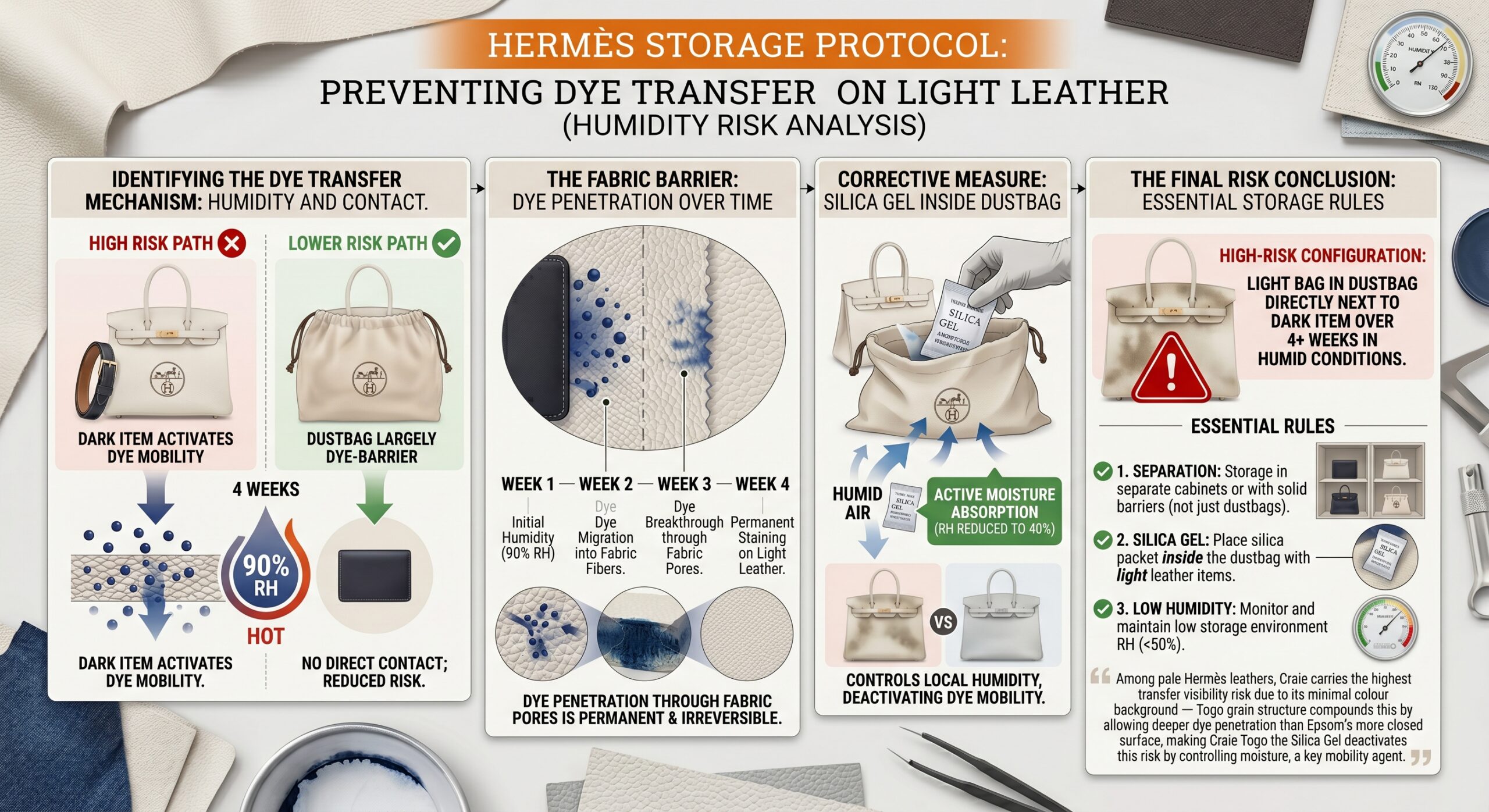 Light Hermès leather storage protocol showing separation from dark accessories and silica gel protection in dustbag