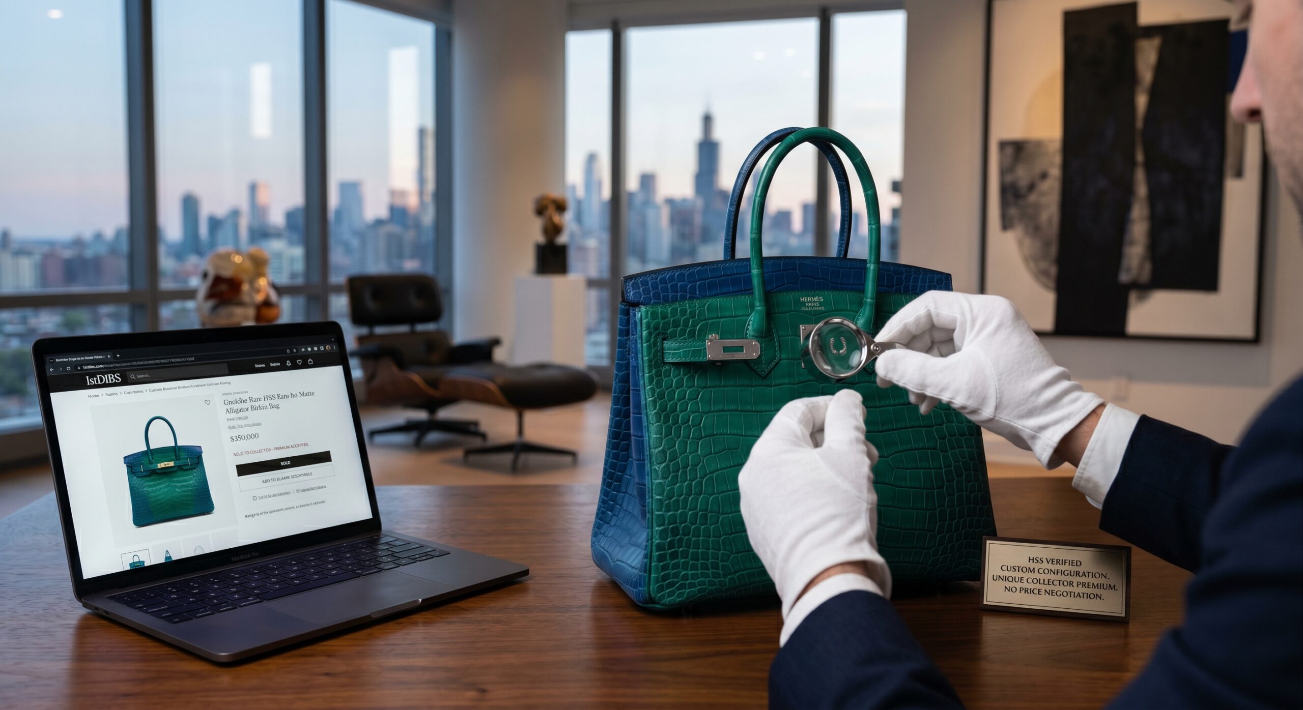 Hermès HSS special order Birkin being assessed on 1stDibs resale platform showing collector buyer context