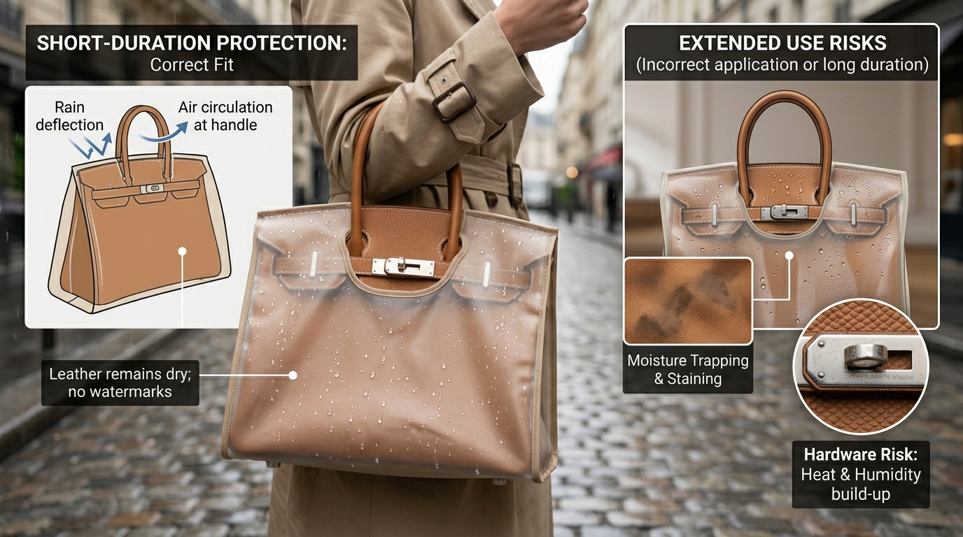 Hermès bag raincoat clear plastic protective cover on Birkin showing correct short-duration rain protection use