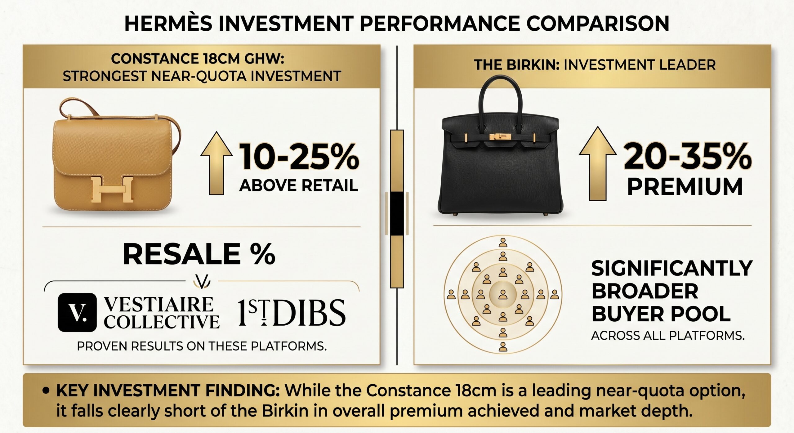 Hermès Constance 18cm GHW versus Birkin 30 investment comparison showing secondary market premium and liquidity differential