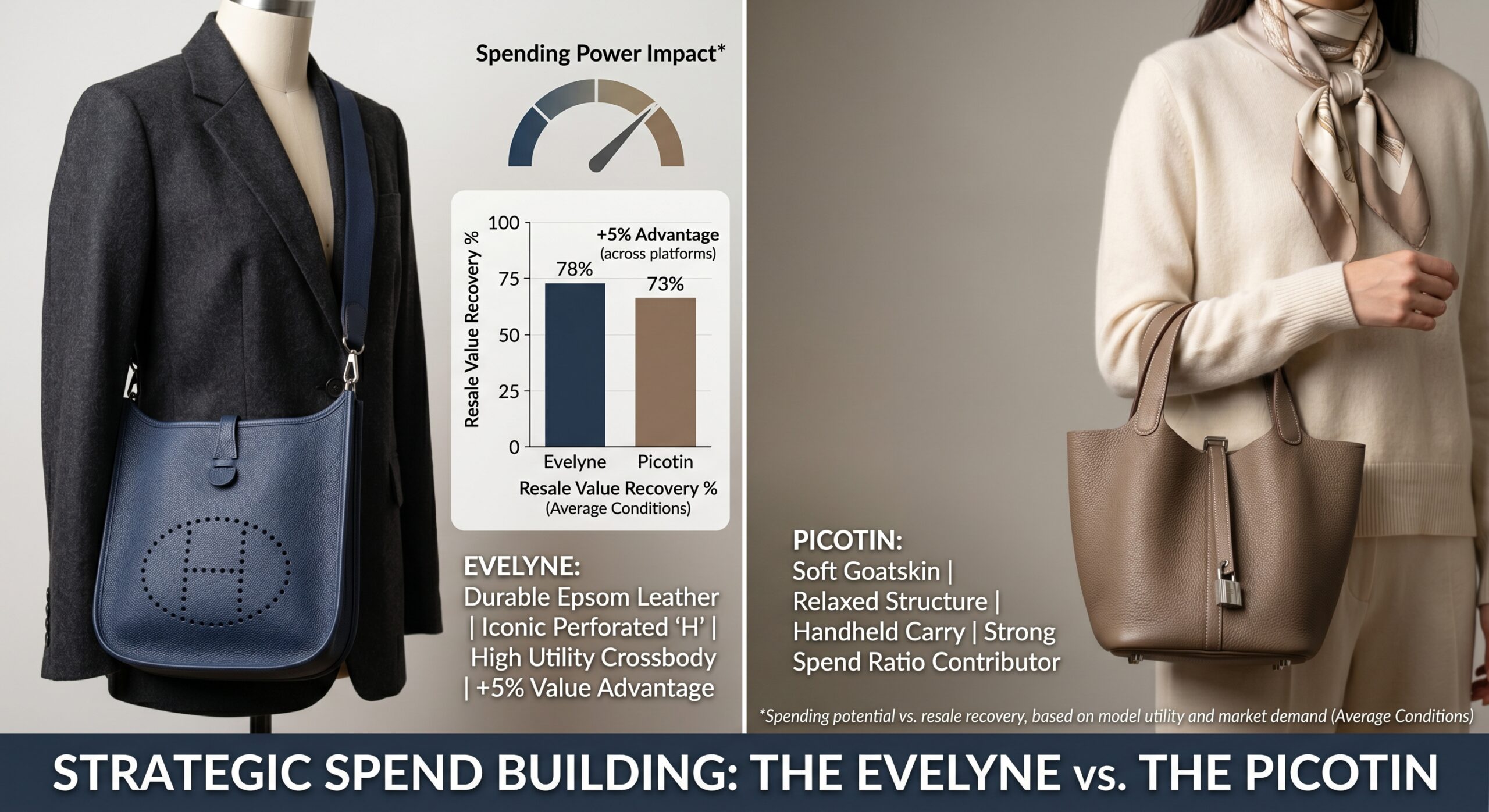 Hermès Evelyne PM and Picotin 18 secondary market liquidity comparison showing resale recovery and spend ratio function