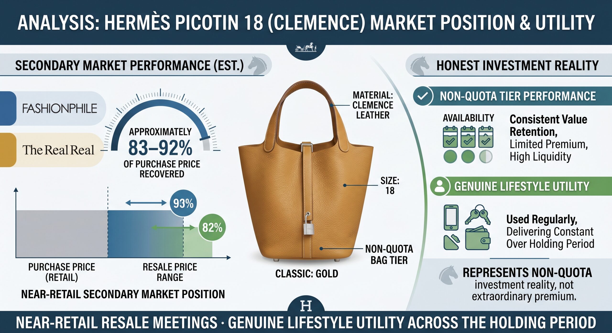 Hermès Picotin 18 Clemence showing near-retail resale recovery on Fashionphile and The Real Real as entry-level spend ratio contribution
