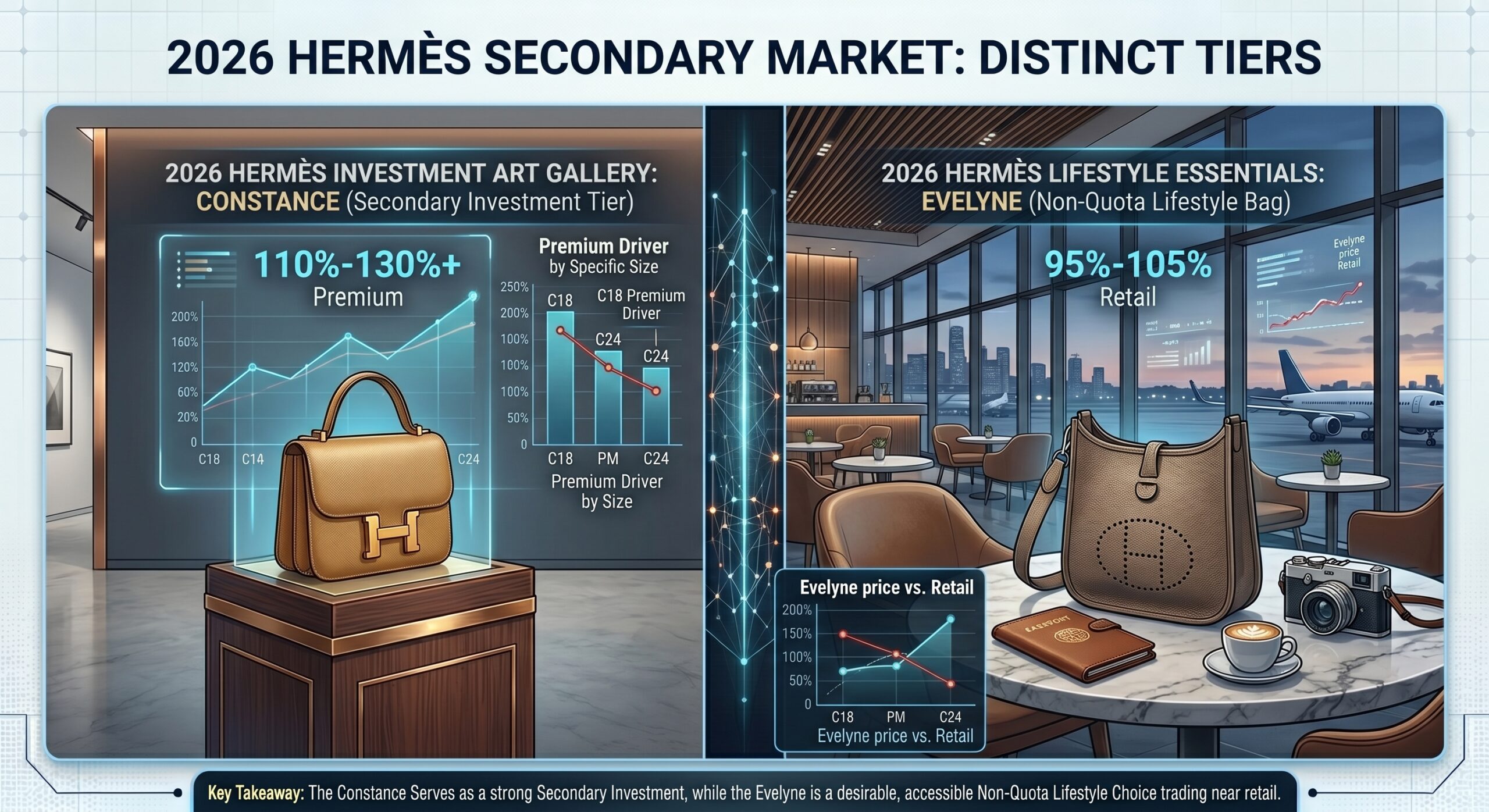 Hermès Constance and Evelyne bags representing the secondary and non-quota resale tiers