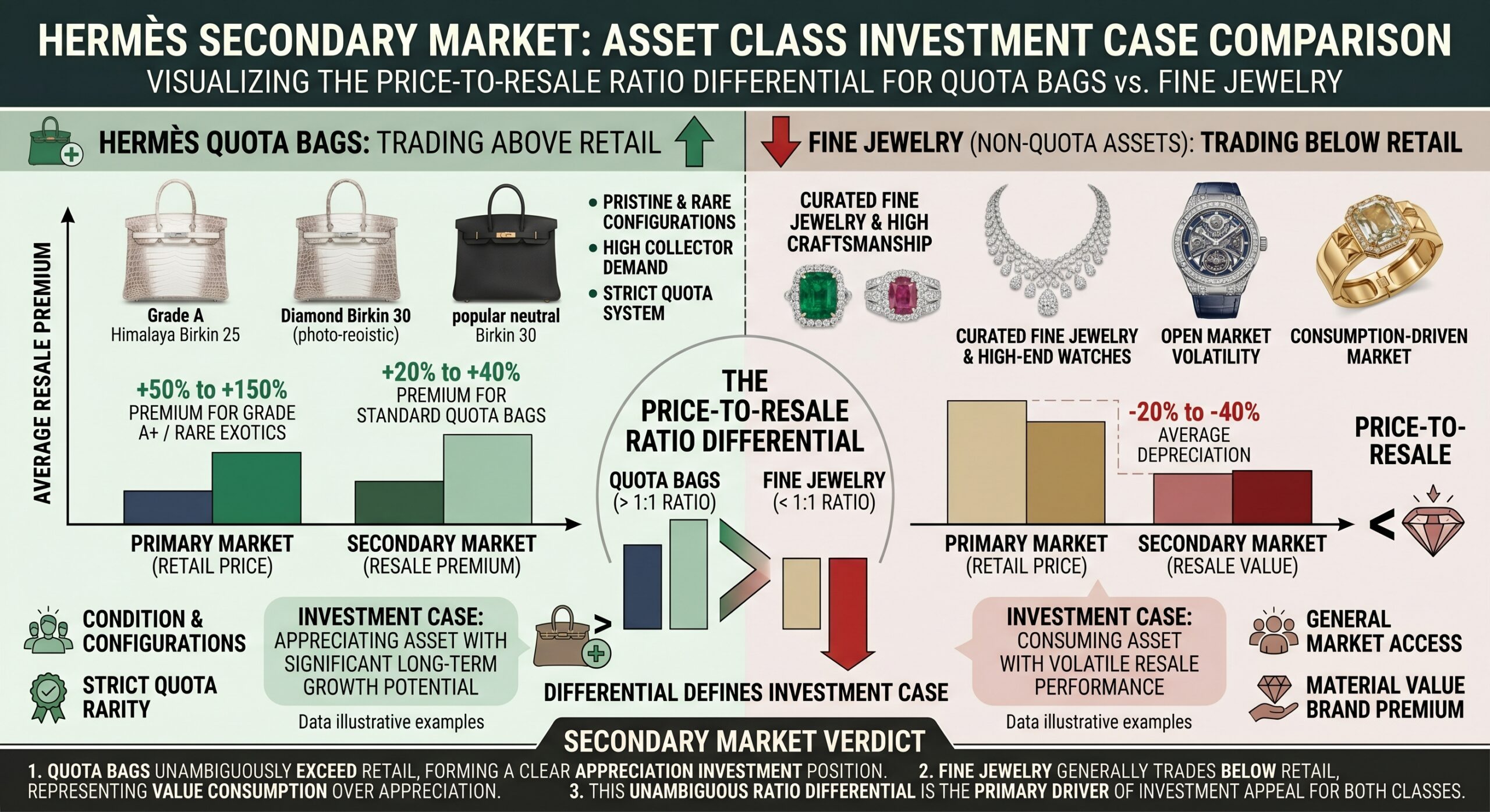 Hermès fine jewelry versus quota bag Birkin investment return comparison showing secondary market price-to-resale ratio differential