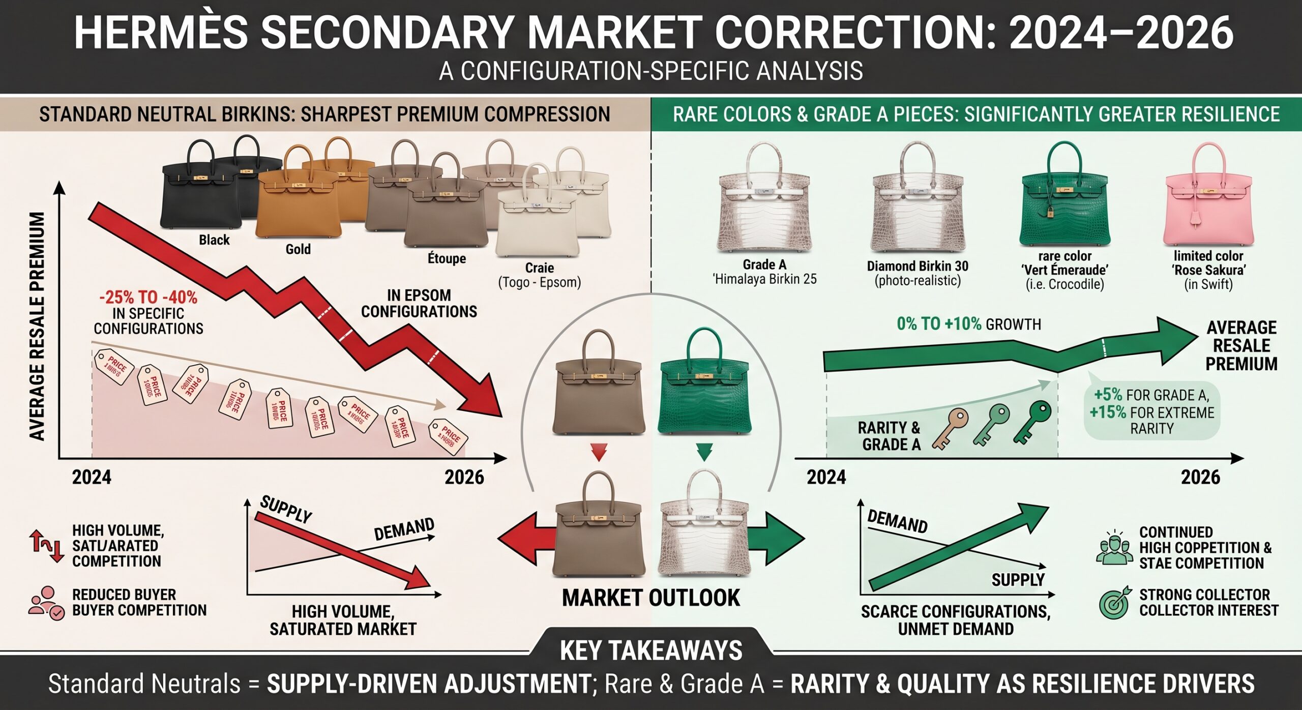 Hermès secondary market price drop analysis 2024-2026 showing premium compression by configuration on Vestiaire Collective and Fashionphile