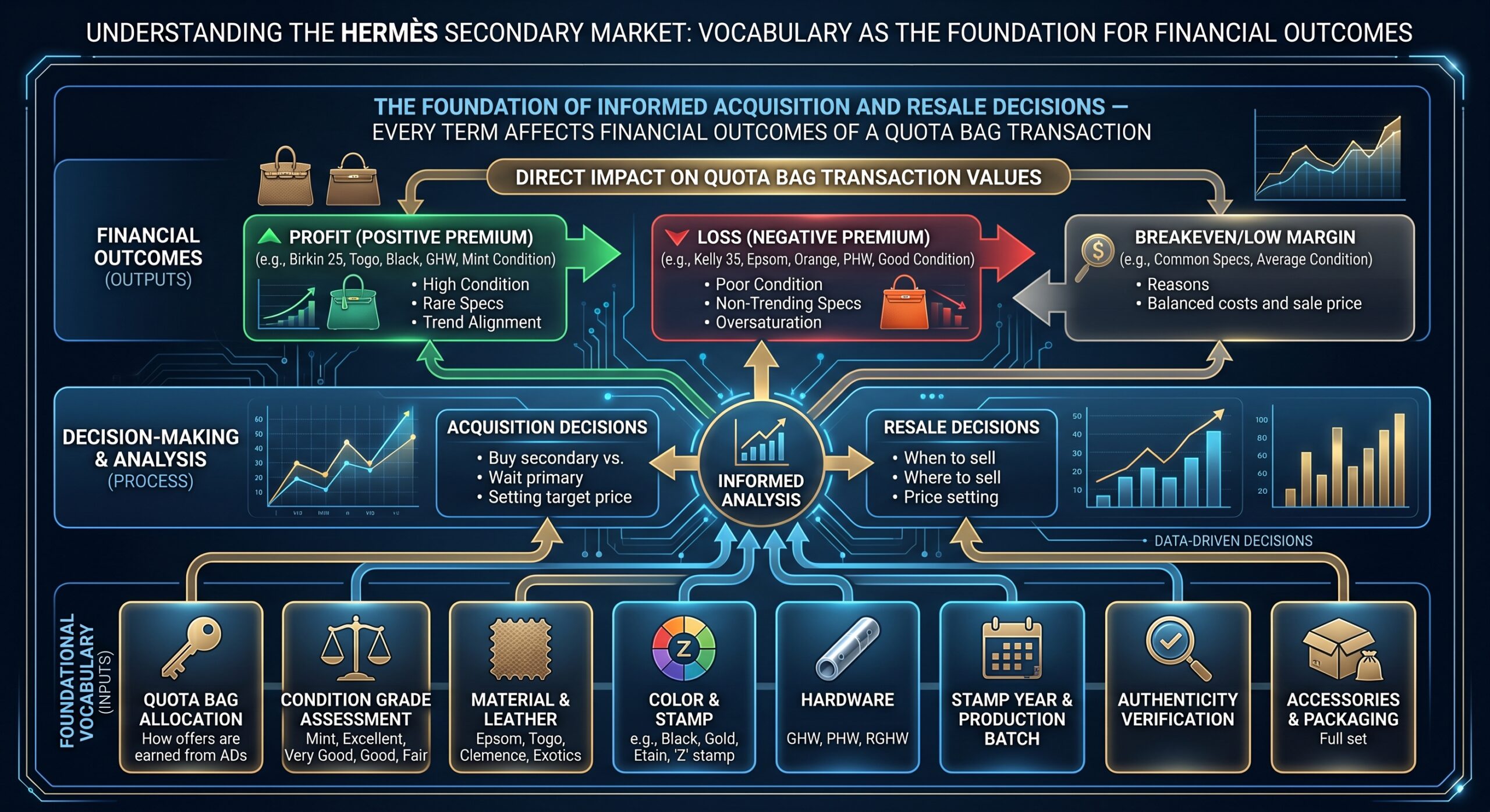Hermès secondary market terminology reference showing quota bag provenance condition grade and resale platform concepts