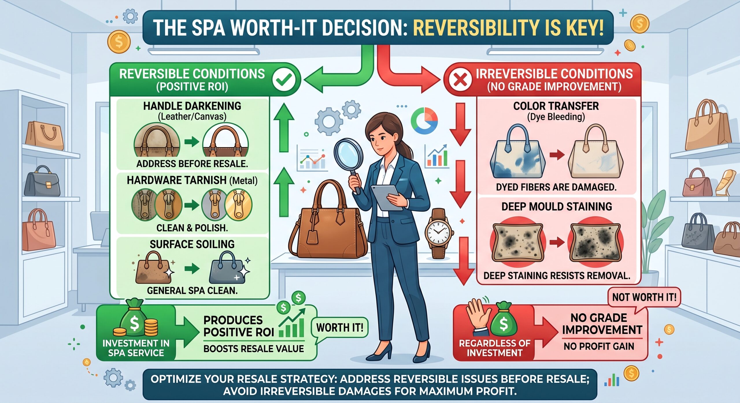 Hermès Spa worth-it decision framework showing handle replacement and hardware polishing ROI versus colour transfer and mould damage limitations