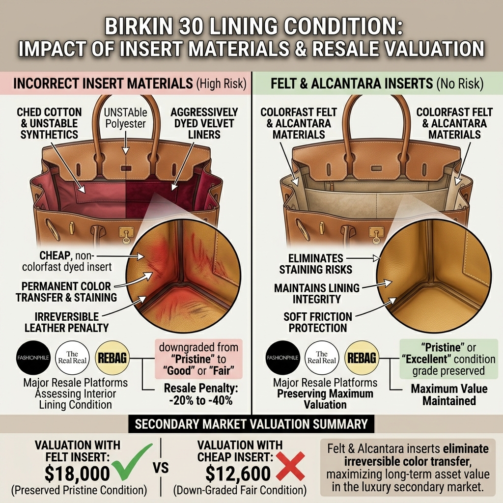 Hermès Birkin interior leather lining showing colour transfer risk from incorrect insert material and safe felt alternative