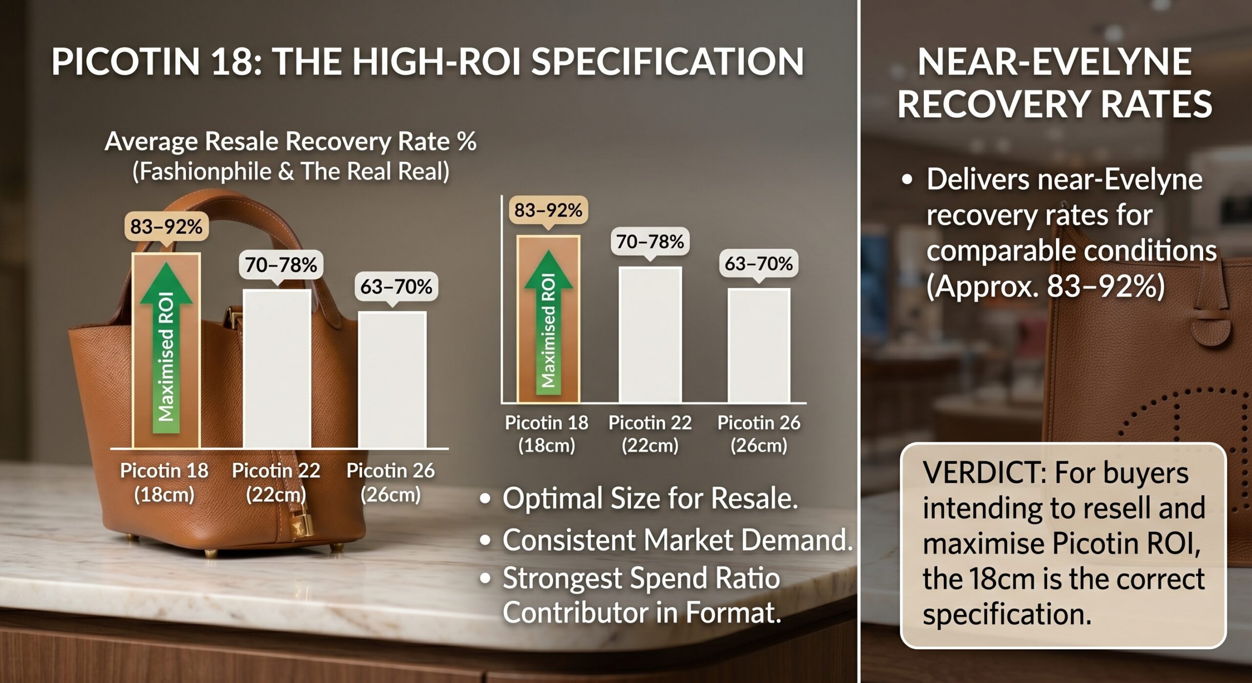 Hermès Picotin 18 Clemence showing near-Evelyne resale recovery as the only Picotin size worth specifying for spend ratio strategy