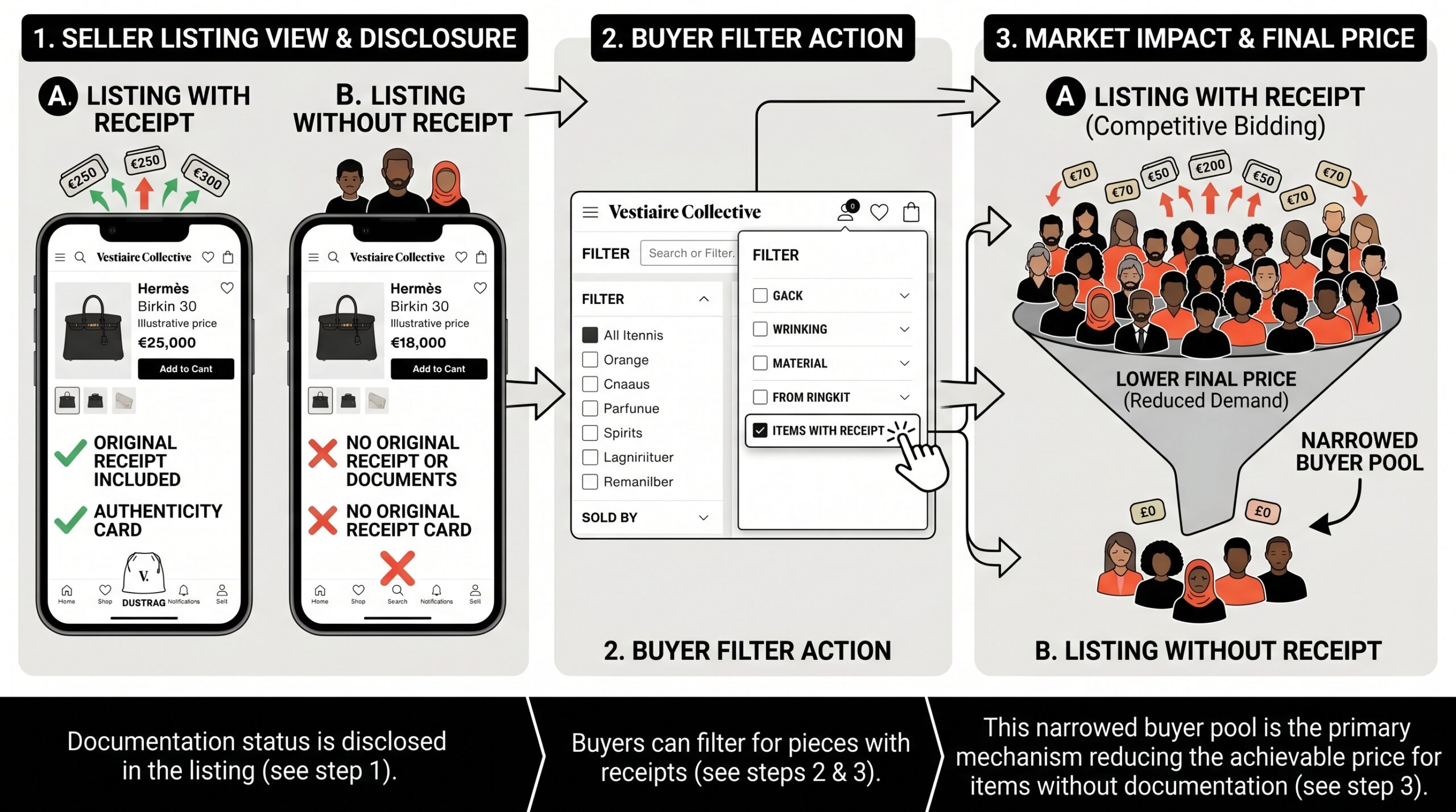 Hermès bag listing on Vestiaire Collective showing provenance documentation disclosure and buyer filter context