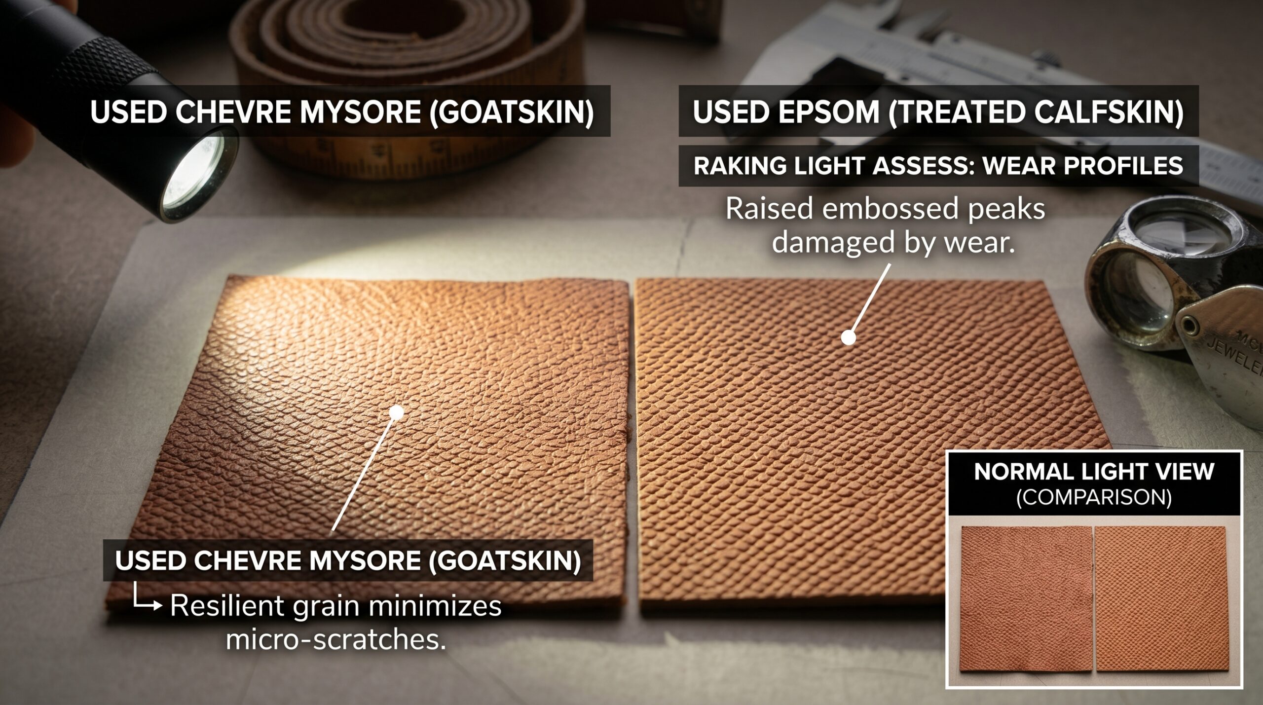 Hermès Chevre Mysore fine cross-hatch grain showing superior scratch resistance under raking light compared to Epsom pebble surface