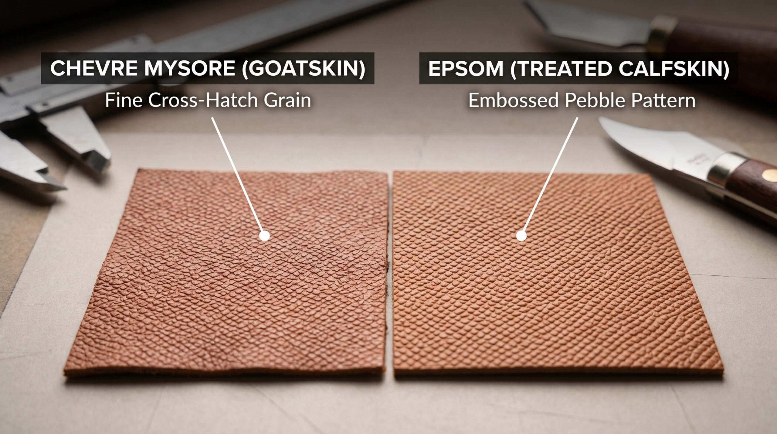 Hermès Chevre Mysore and Epsom leather comparison showing grain texture scratch resistance and daily use durability differences