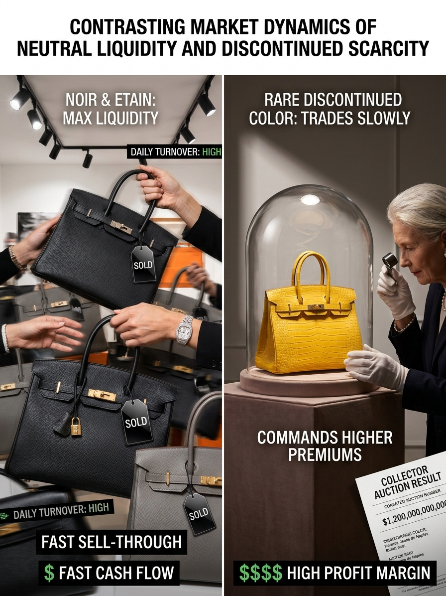 Hermès neutral color Birkin versus rare color Birkin showing resale liquidity and premium comparison