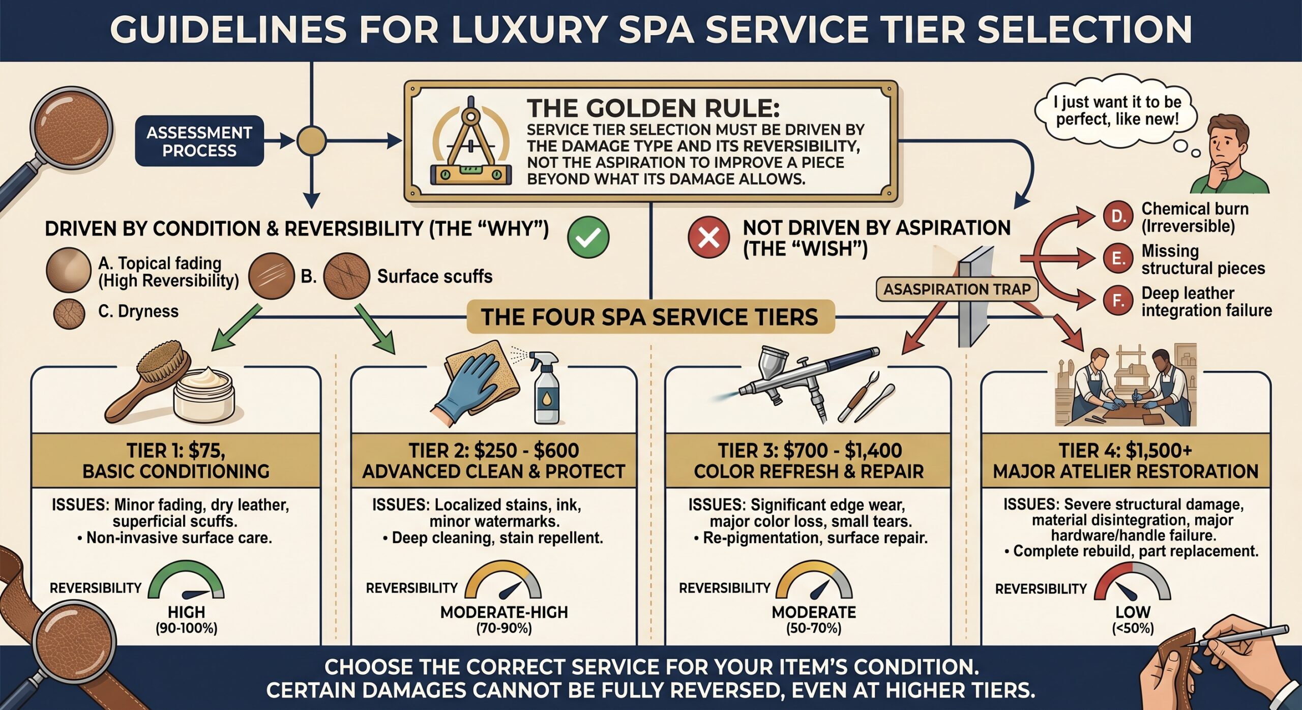 Hermès Spa service tier comparison showing basic conditioning versus full handle replacement cost and wait time ranges