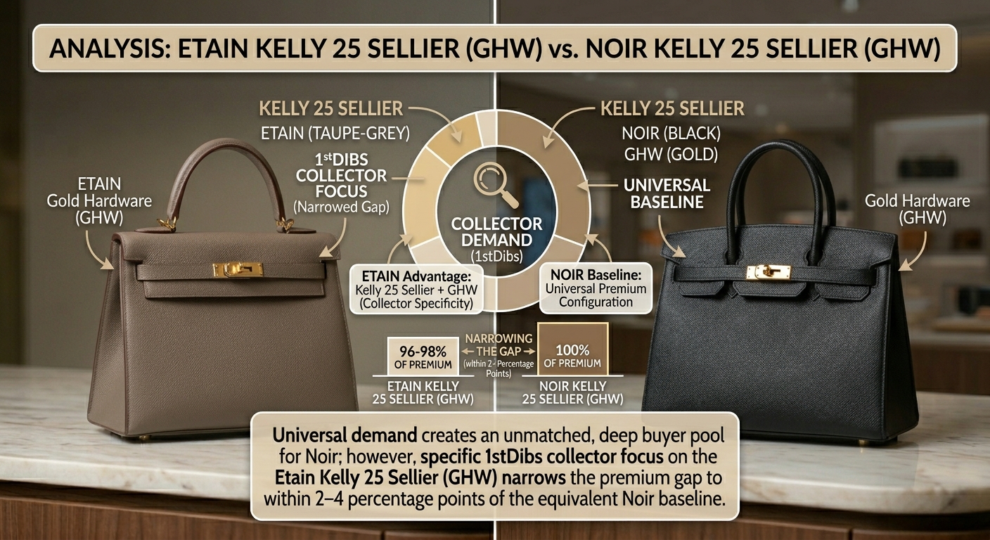 Hermès Etain GHW Kelly 25 Sellier showing collector premium performance on 1stDibs approaching Noir equivalent pricing