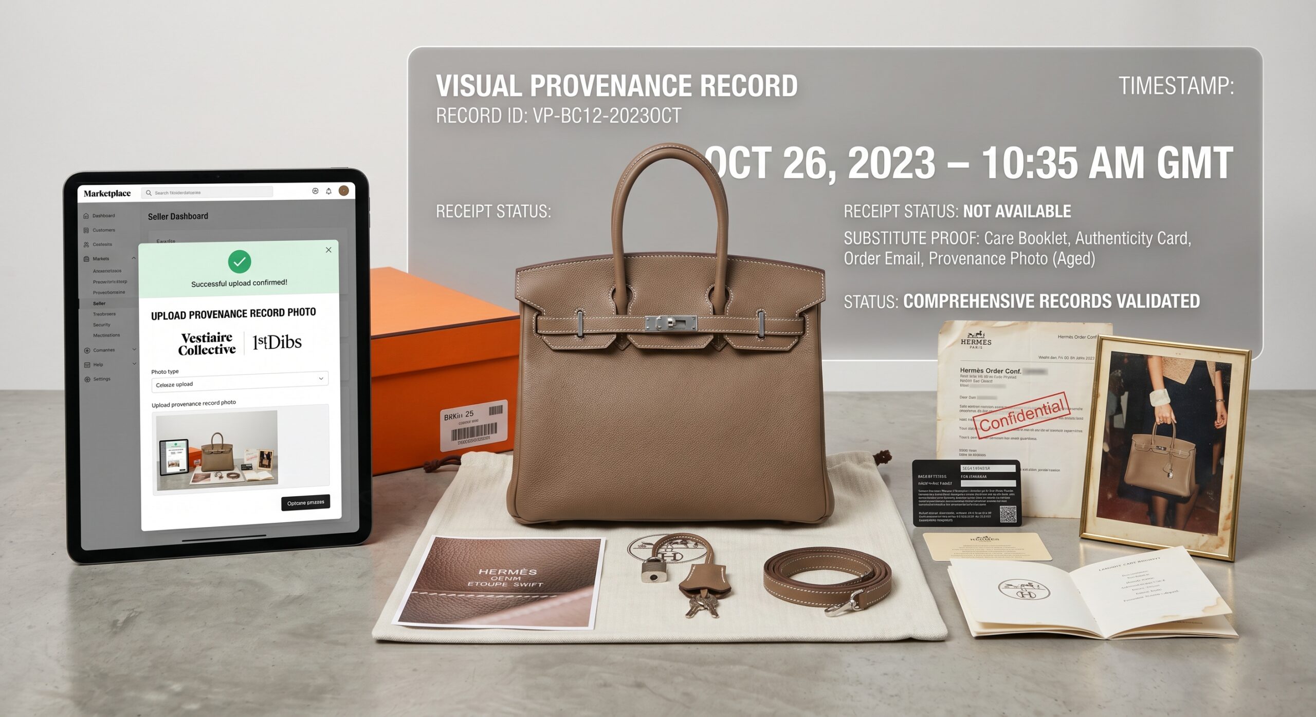 Hermès seller photographing provenance documentation with bag for Vestiaire Collective listing to maximise buyer confidence