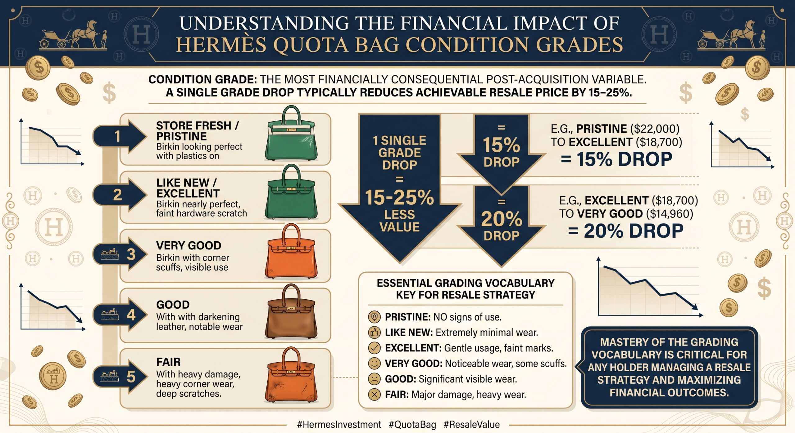 Hermès condition grade assessment showing Vestiaire Collective and Fashionphile grading criteria for quota bag resale