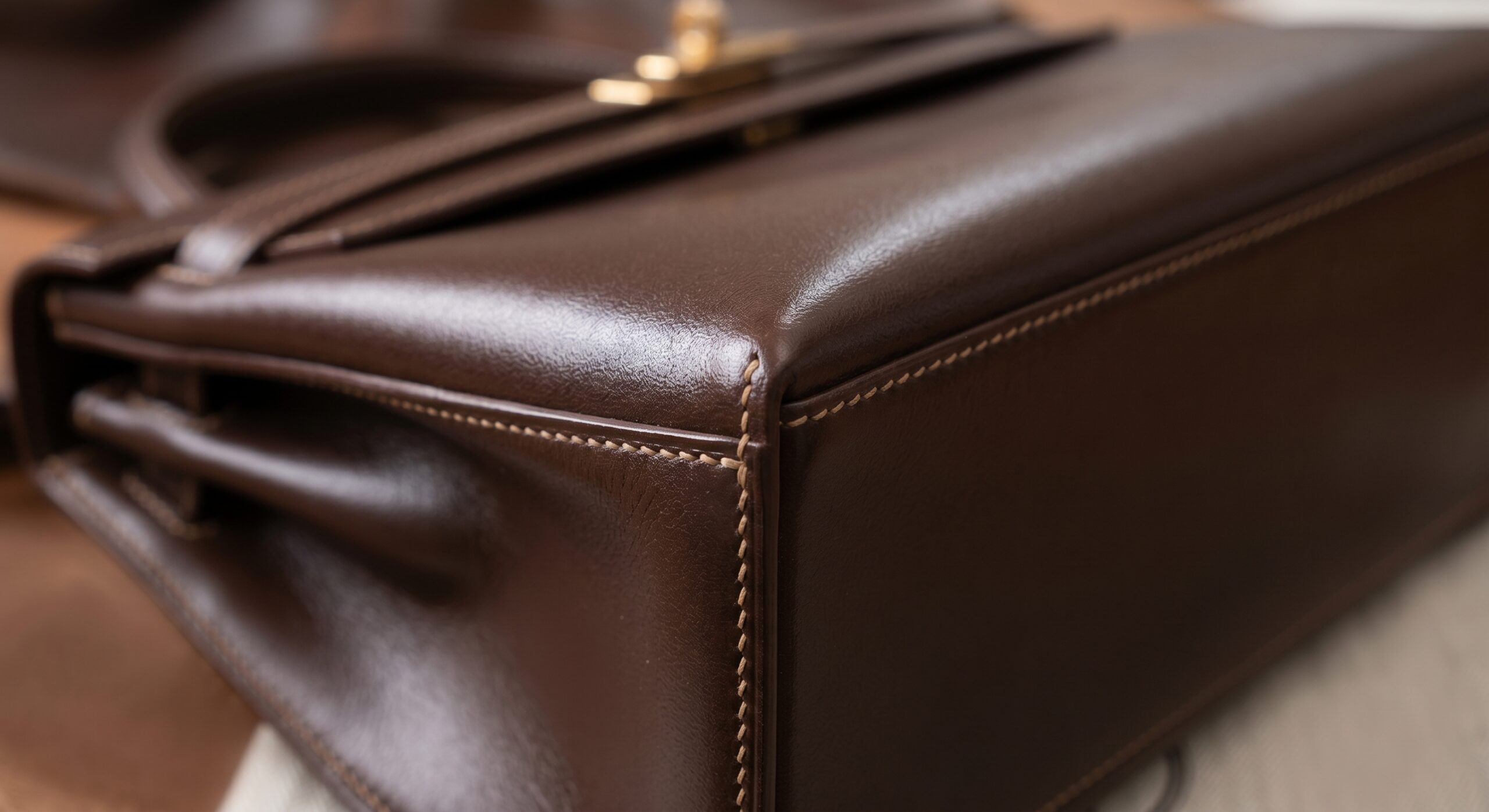 Hermès Kelly Sellier exterior seam construction detail showing rigid geometric shape and corner structure