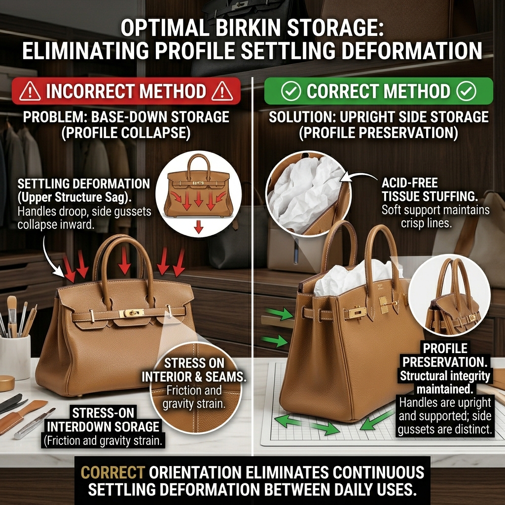 Birkin 30 storage position upright on dustbag with tissue stuffing showing correct condition preservation method between uses