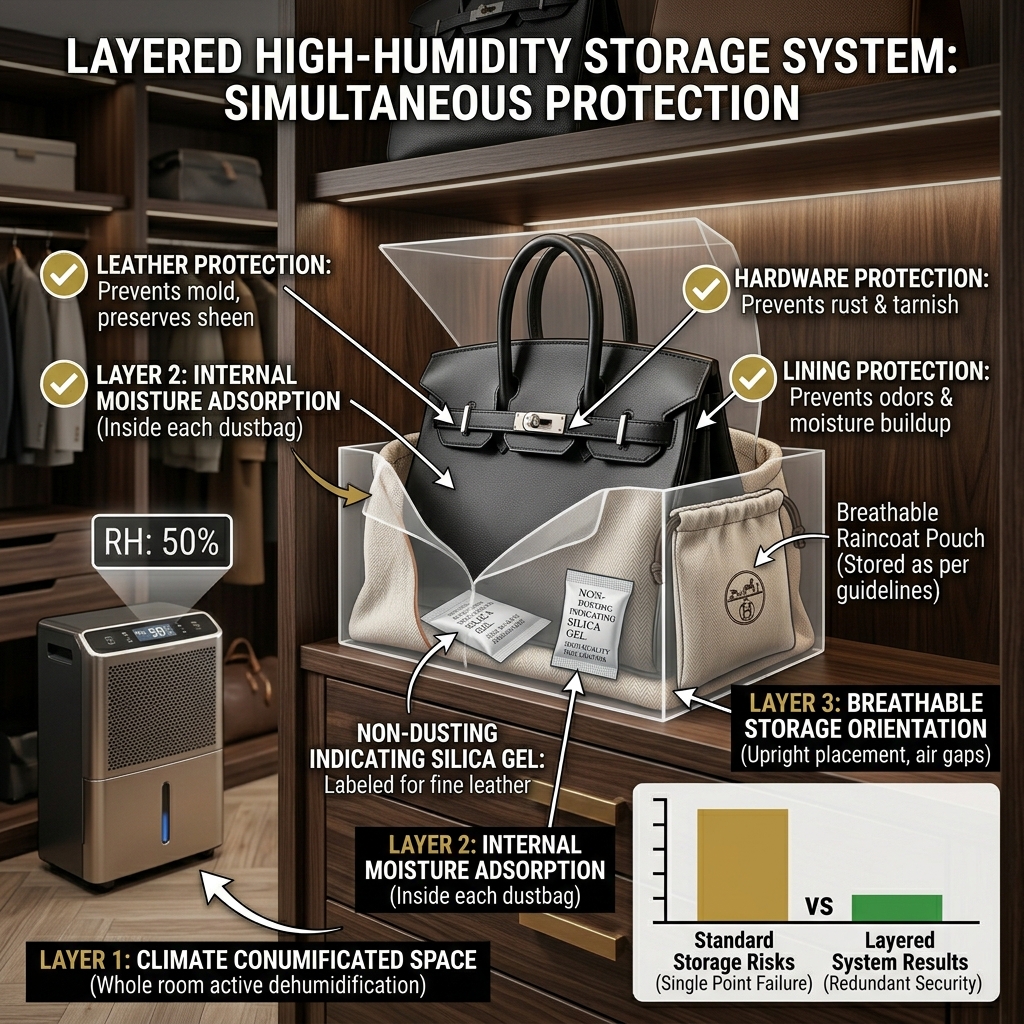Hermès Birkin high humidity storage method showing silica gel dehumidifier and dustbag protection for condition grade preservation