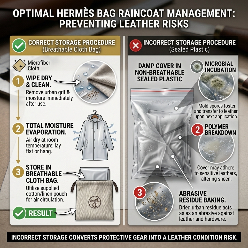 Hermès raincoat stored clean and dry showing correct post-use storage method to prevent microbiological transfer on next use