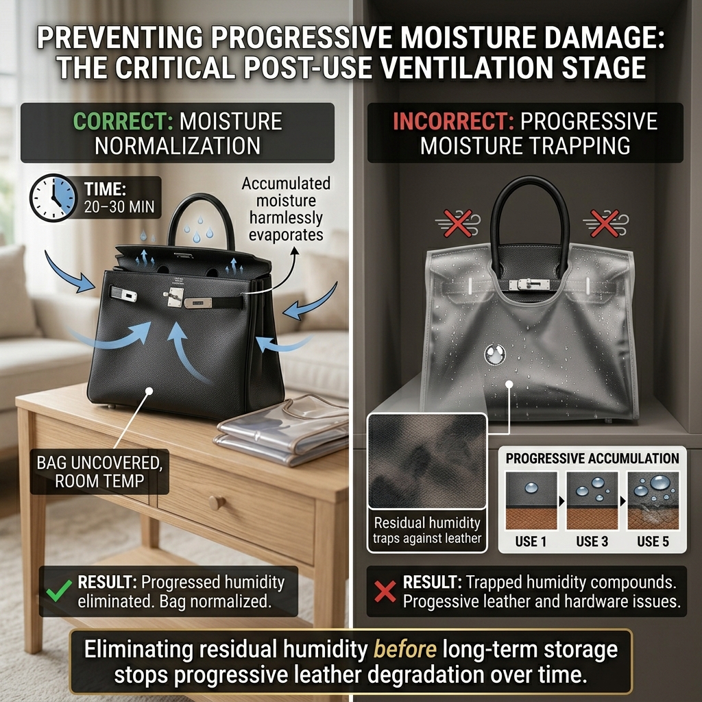 Hermès Togo and Epsom leather surfaces after raincoat removal showing correct post-use breathing protocol