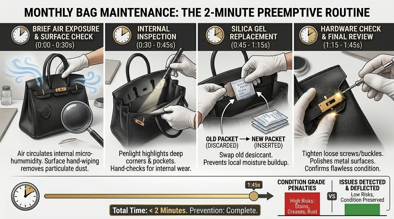 Hermès bag monthly inspection routine showing condition check and silica gel replacement for ongoing humidity protection