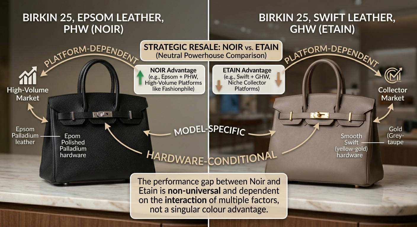 Hermès Noir and Etain Birkin Kelly comparison showing secondary market premium and liquidity differential across platforms