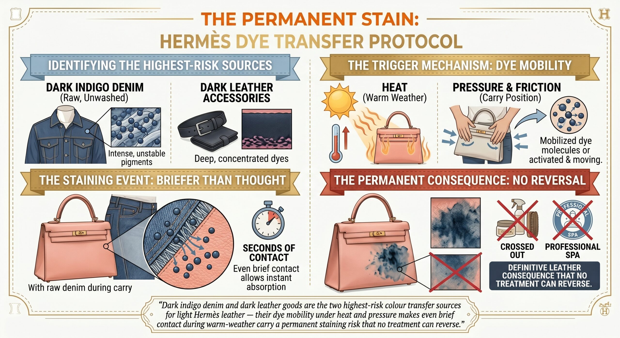 Colour transfer risk sources for light Hermès leather showing dark denim dark leather goods and upholstered seating hazards