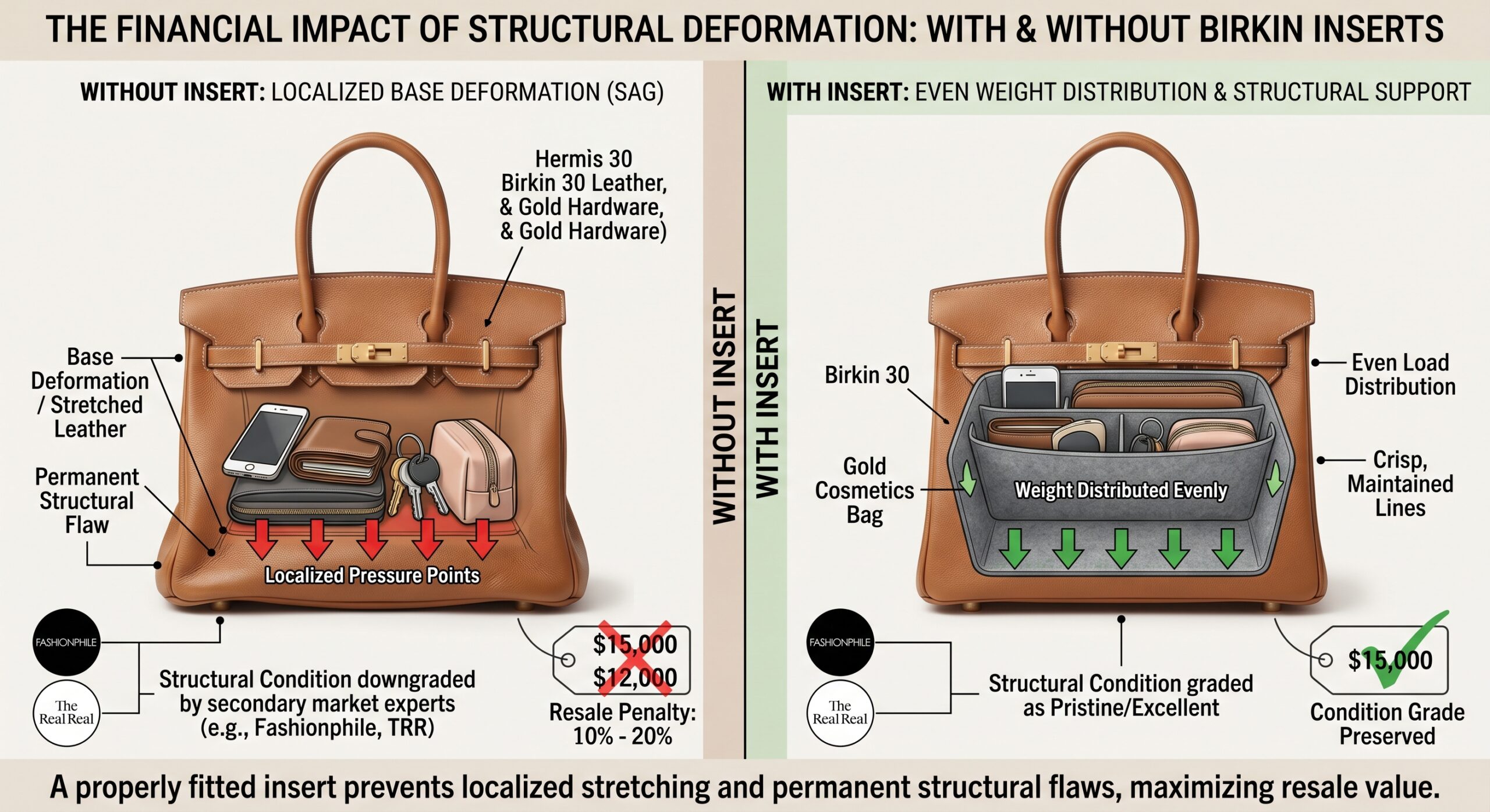 Birkin 30 bag insert comparison showing structured base support organiser for condition grade preservation and resale value