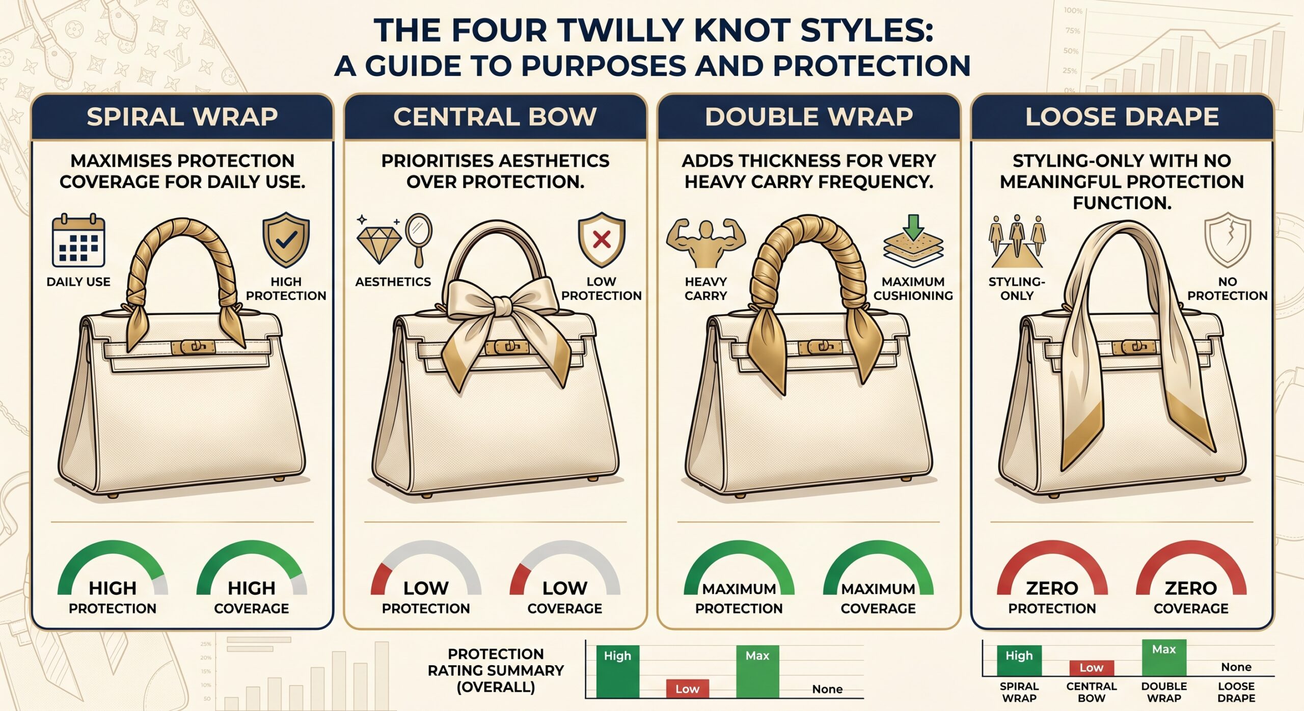 Hermès Twilly four knot styles showing spiral wrap central bow double wrap and loose drape coverage comparison on Kelly handle