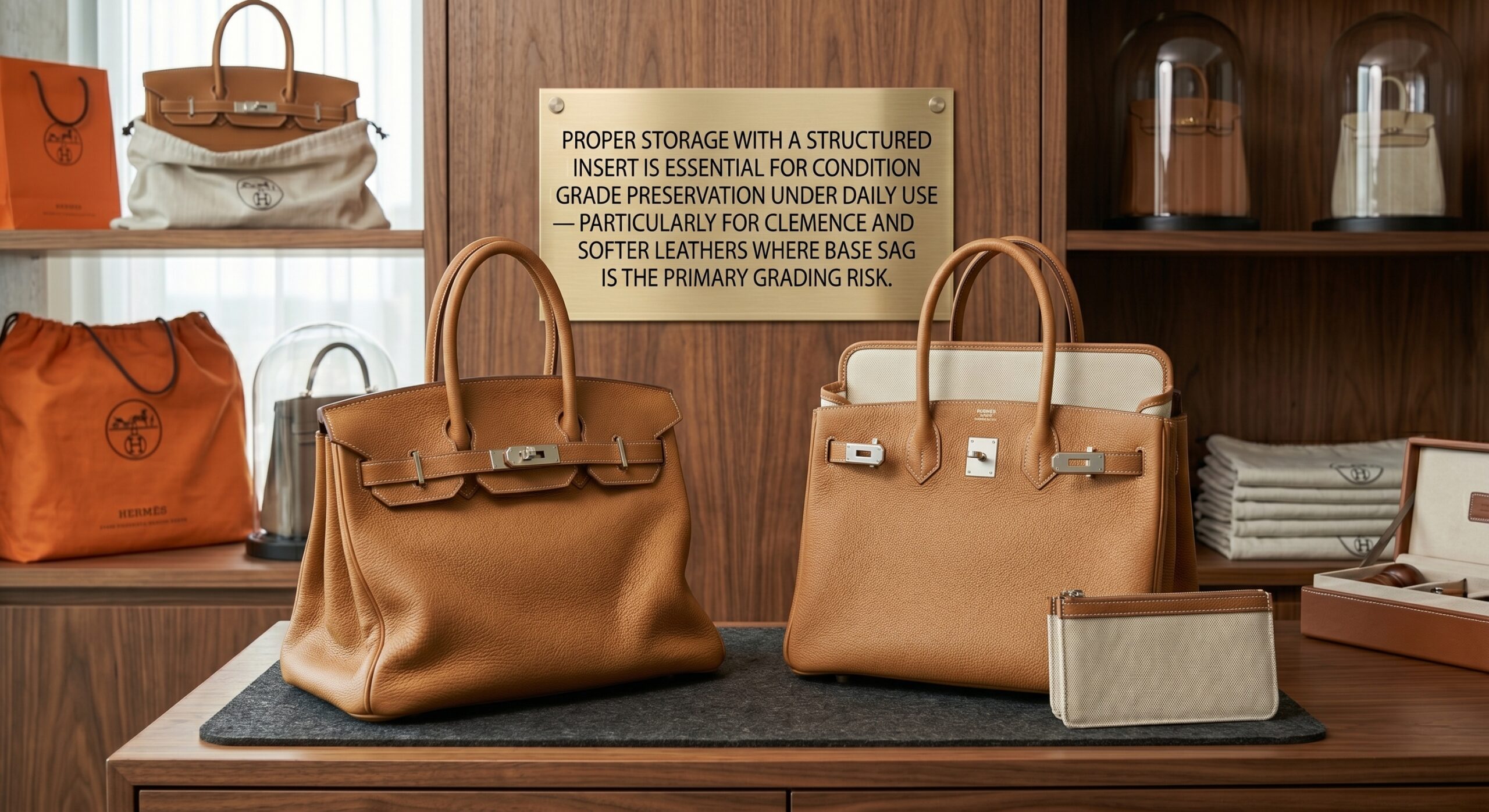 Hermès Birkin storage with bag insert supporting leather structure for condition grade preservation