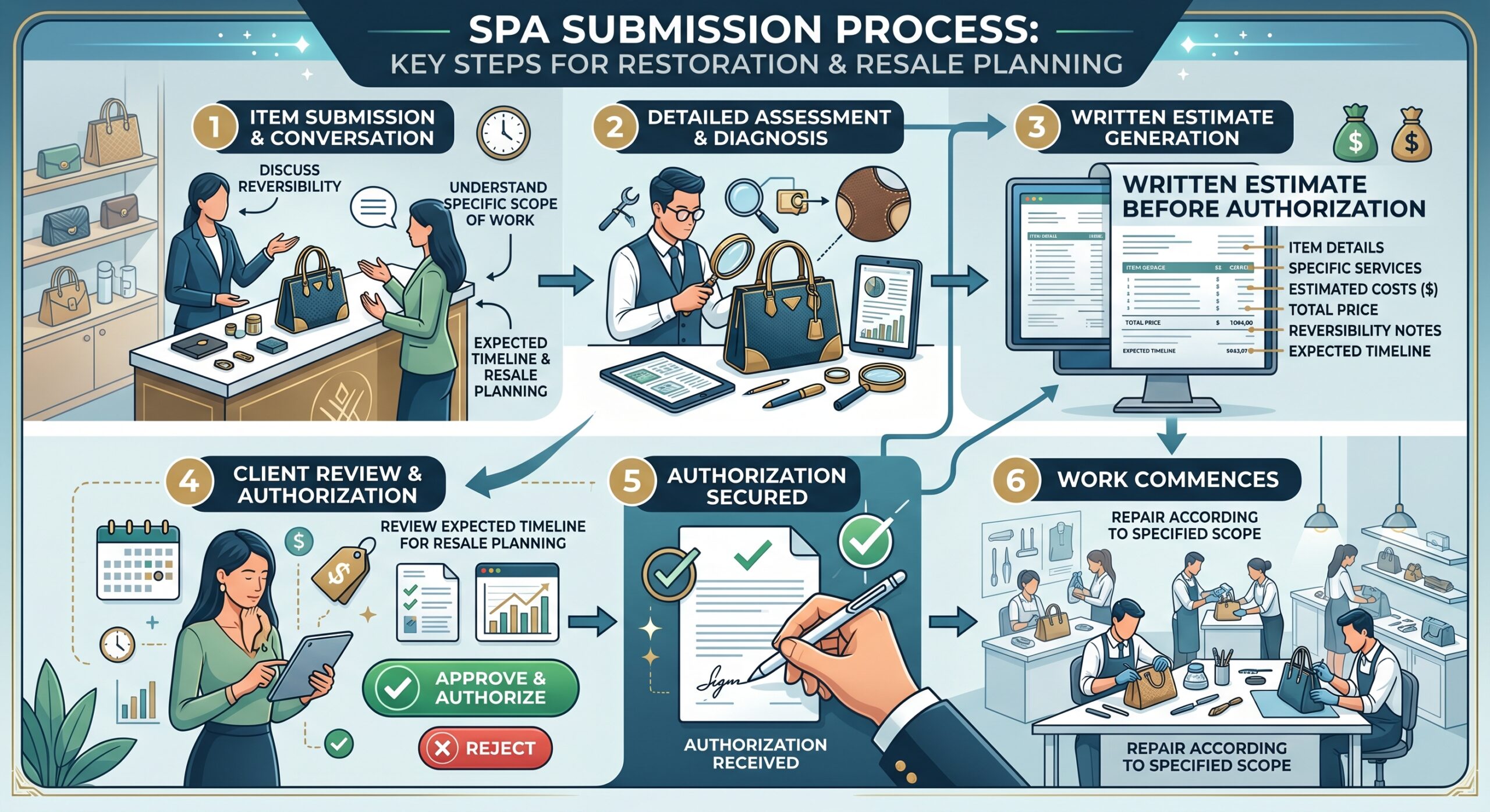 Hermès Spa submission process showing boutique assessment written estimate and post-service inspection for resale-ready pieces