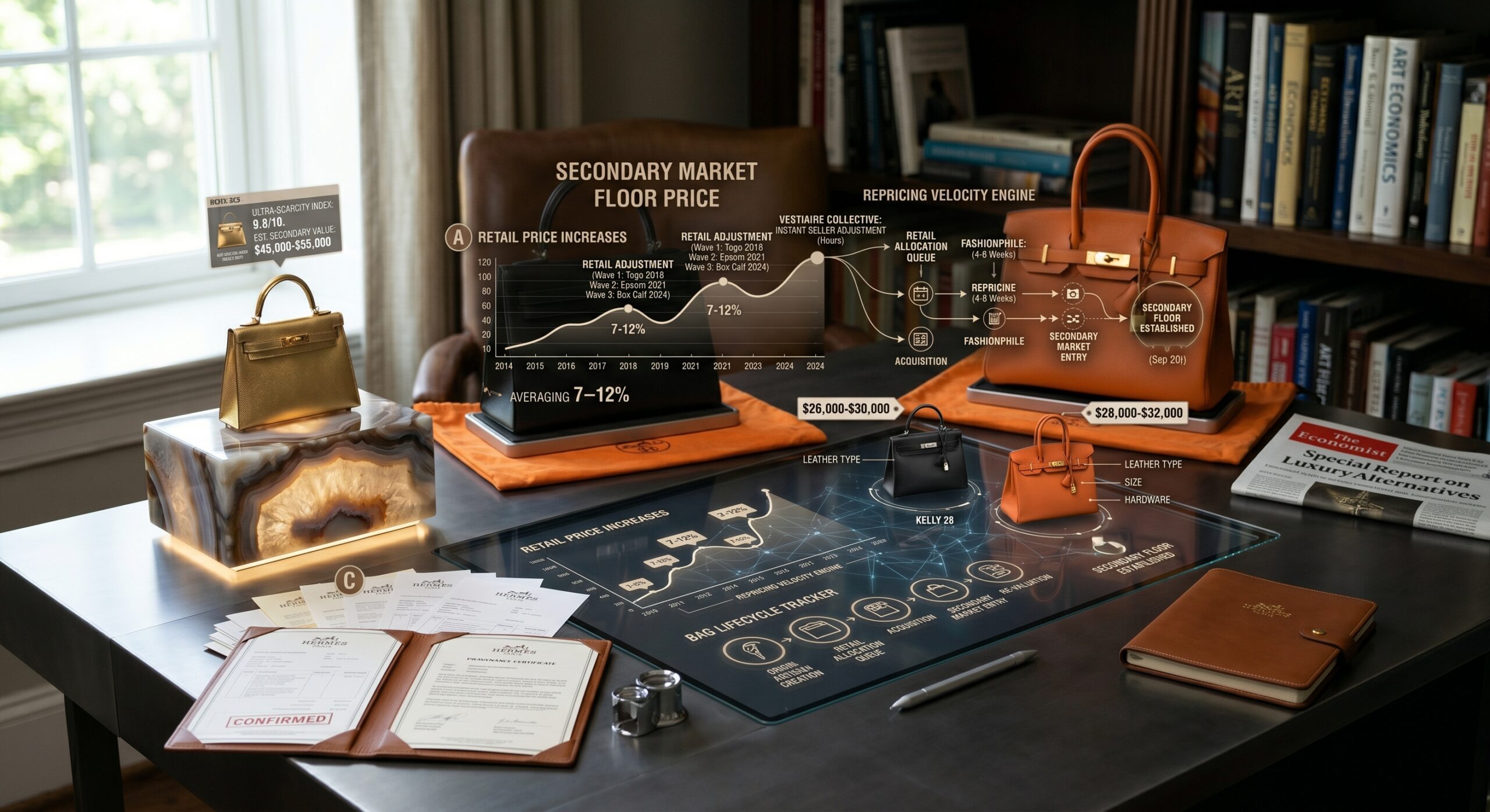 Hermès secondary market resale platform pricing showing Vestiaire Collective and Fashionphile repricing after retail price increase